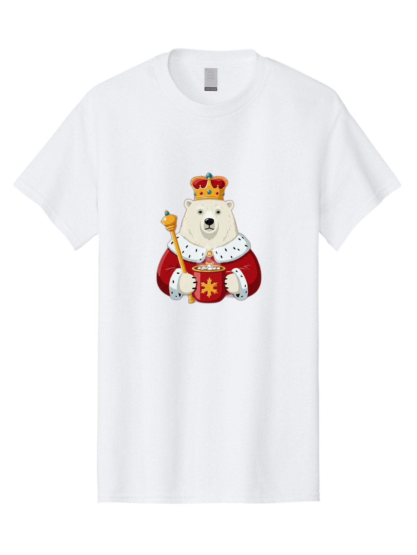 Bear-King Men'S Graphic Tee, 100% Cotton, Comfortable Casual Summer Wear, Machine Washable, Polar Bear Wearing Crown, Red Robe, White Fur, Sceptre In Paw, Ornate Collar, Monarch Attire, Regal Bear, Cartoon Style, Majestic Animal, Bae358 3