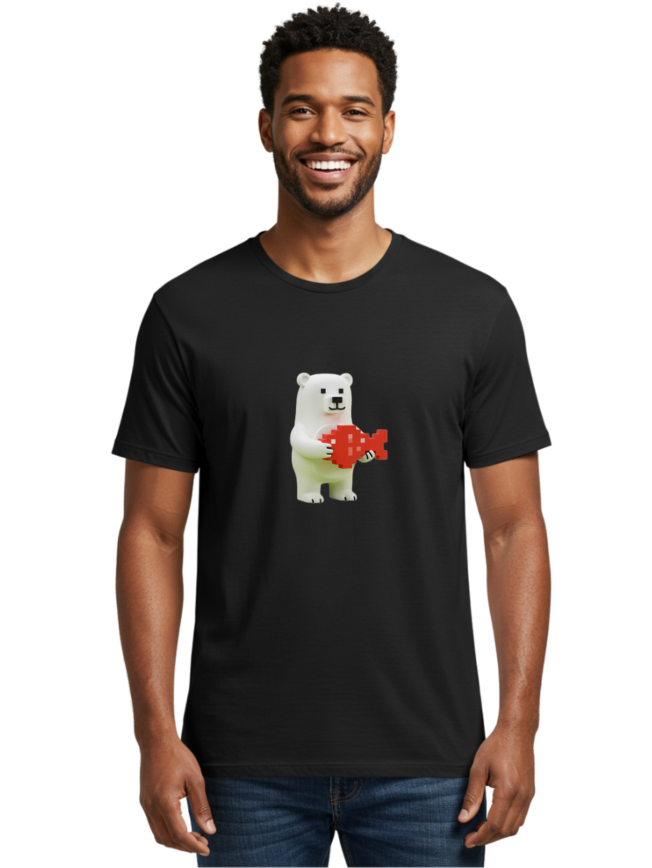 Bear-Pixel-Heart Men'S Graphic Tee, 100% Cotton, Comfortable Casual Summer Wear, Machine Washable, White Polar Bear Holding Red Pixel Heart, Cute Cartoon Character, Adorable Animal, Love Symbol, Pixel Art, Cute Figurine, 3D Illustration Bae359 28