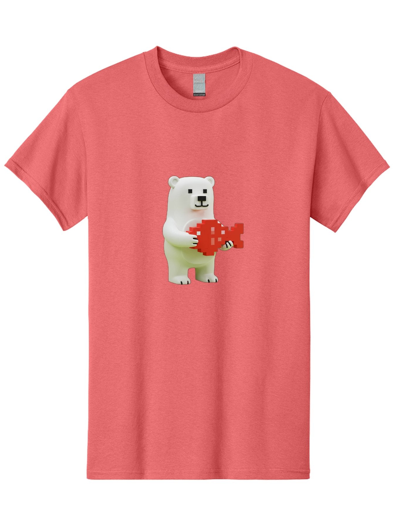Bear-Pixel-Heart Men'S Graphic Tee, 100% Cotton, Comfortable Casual Summer Wear, Machine Washable, White Polar Bear Holding Red Pixel Heart, Cute Cartoon Character, Adorable Animal, Love Symbol, Pixel Art, Cute Figurine, 3D Illustration Bae359