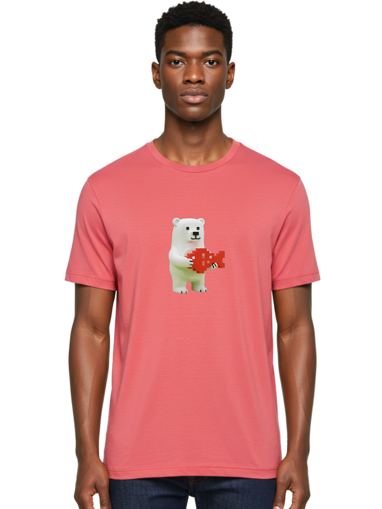 Bear-Pixel-Heart Men'S Graphic Tee, 100% Cotton, Comfortable Casual Summer Wear, Machine Washable, White Polar Bear Holding Red Pixel Heart, Cute Cartoon Character, Adorable Animal, Love Symbol, Pixel Art, Cute Figurine, 3D Illustration Bae359 26