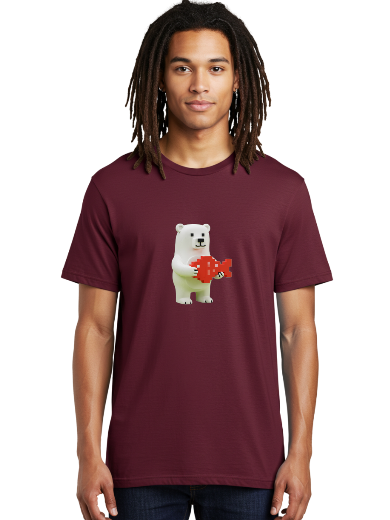 Bear-Pixel-Heart Men'S Graphic Tee, 100% Cotton, Comfortable Casual Summer Wear, Machine Washable, White Polar Bear Holding Red Pixel Heart, Cute Cartoon Character, Adorable Animal, Love Symbol, Pixel Art, Cute Figurine, 3D Illustration Bae359 25