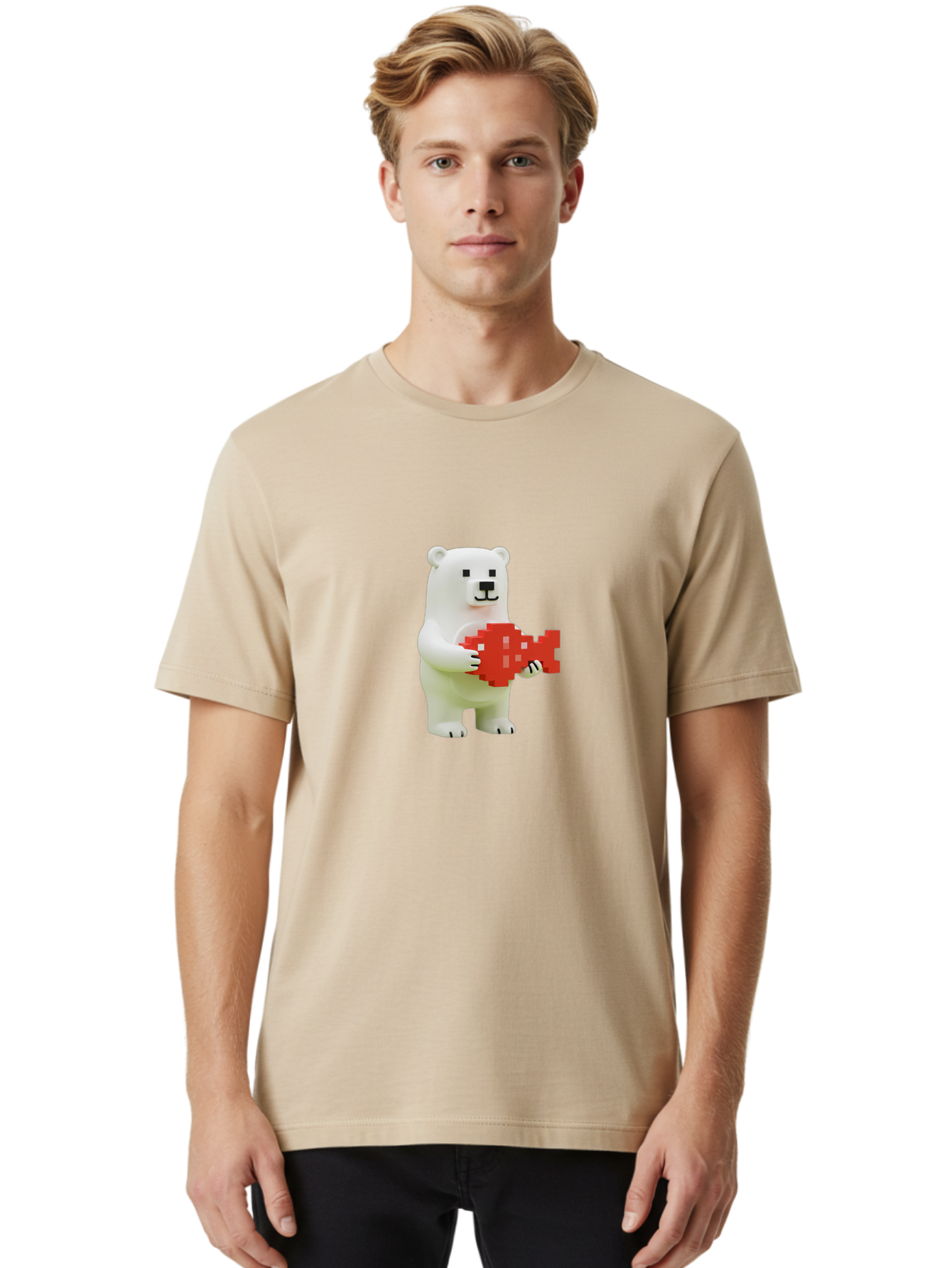 Bear-Pixel-Heart Men'S Graphic Tee, 100% Cotton, Comfortable Casual Summer Wear, Machine Washable, White Polar Bear Holding Red Pixel Heart, Cute Cartoon Character, Adorable Animal, Love Symbol, Pixel Art, Cute Figurine, 3D Illustration Bae359 21