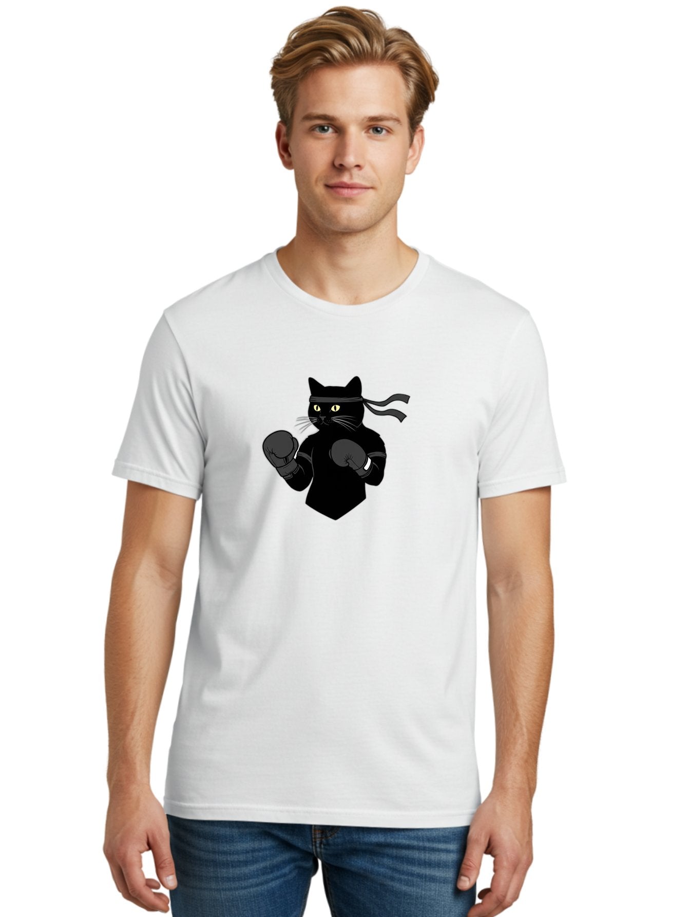 Black-Cat-Ninja-Boxing Men'S Graphic Tee, 100% Cotton, Comfortable Casual Summer Wear, Machine Washable, Ninja Cat, Black Cat, Boxing Gloves, Martial Arts, Ninja Costume, Cartoon Character, Fighting Stance, Funny Animal, Ninja Mask, Cute Cat Bae360 18
