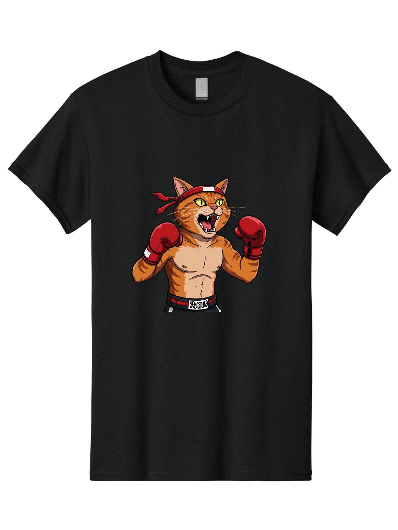 Boxing-Cat-1 Men'S Graphic Tee, 100% Cotton, Comfortable Casual Summer Wear, Machine Washable, Cartoon Cat, Goku, Boxing Gloves, Red Bandana, Muscular Physique, Confident Expression, Anime Style, Fighting Stance, Warrior Pose, Martial Arts, Bae363 3