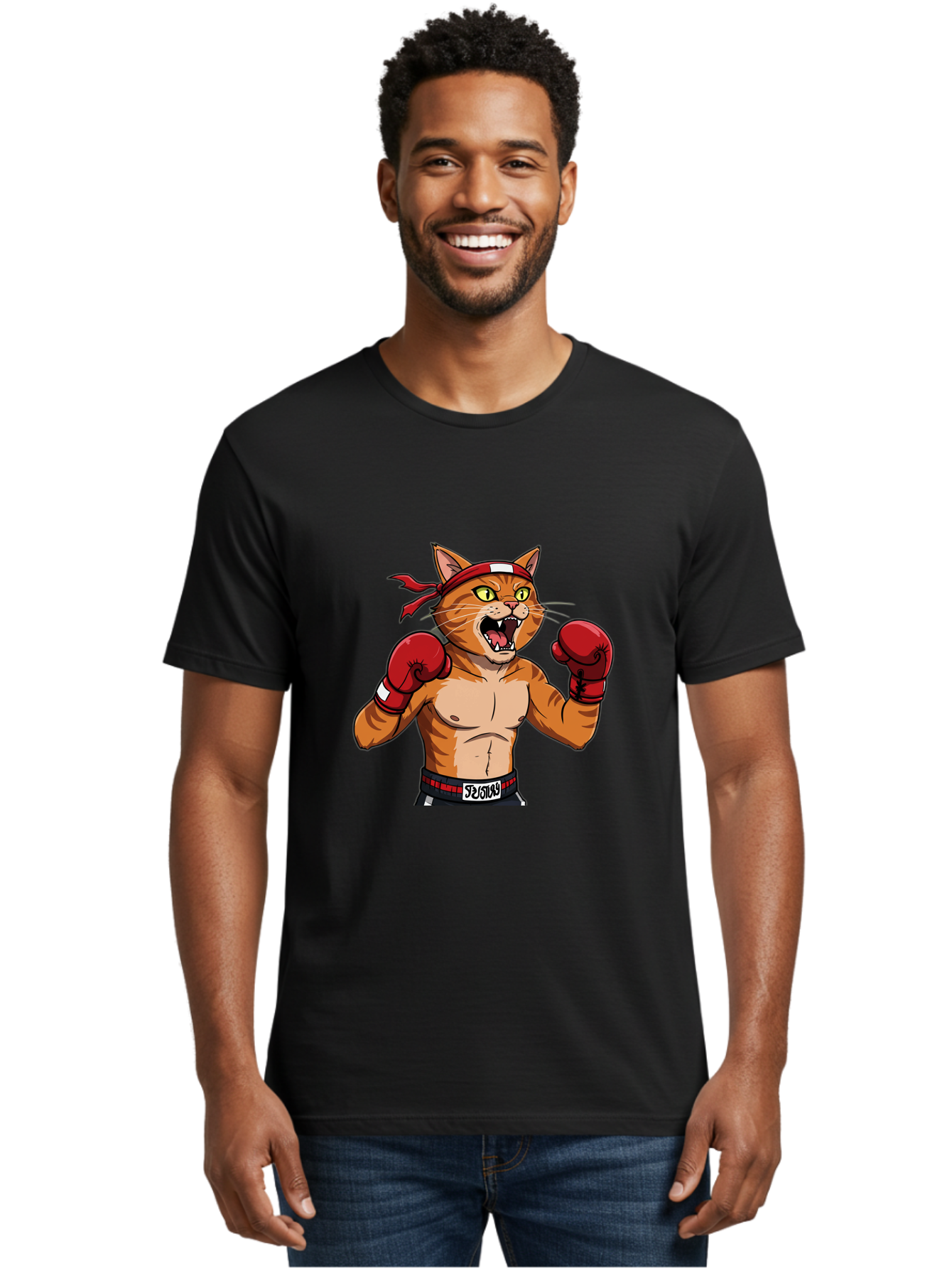 Boxing-Cat-1 Men'S Graphic Tee, 100% Cotton, Comfortable Casual Summer Wear, Machine Washable, Cartoon Cat, Goku, Boxing Gloves, Red Bandana, Muscular Physique, Confident Expression, Anime Style, Fighting Stance, Warrior Pose, Martial Arts, Bae363 24