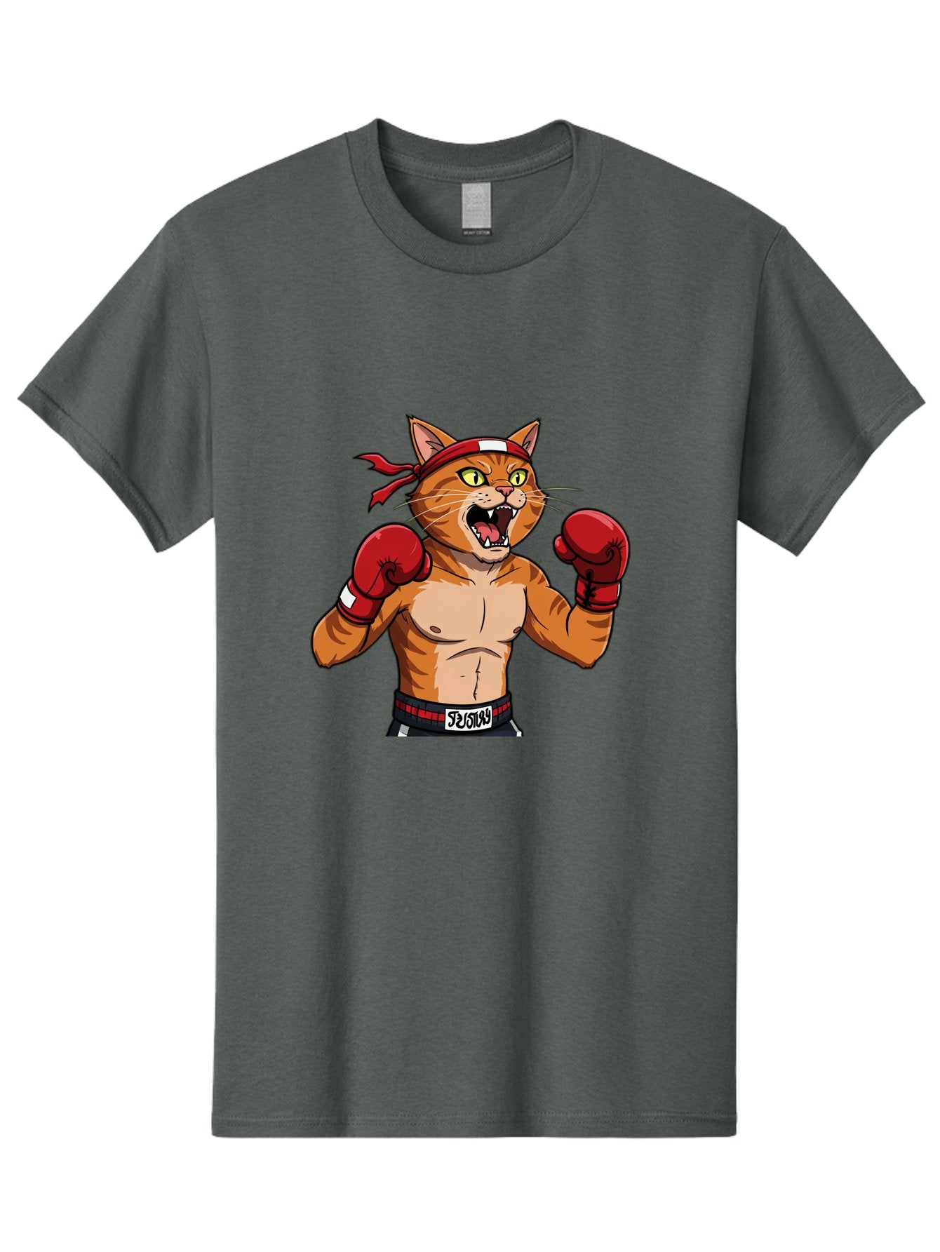 Boxing-Cat-1 Men'S Graphic Tee, 100% Cotton, Comfortable Casual Summer Wear, Machine Washable, Cartoon Cat, Goku, Boxing Gloves, Red Bandana, Muscular Physique, Confident Expression, Anime Style, Fighting Stance, Warrior Pose, Martial Arts, Bae363