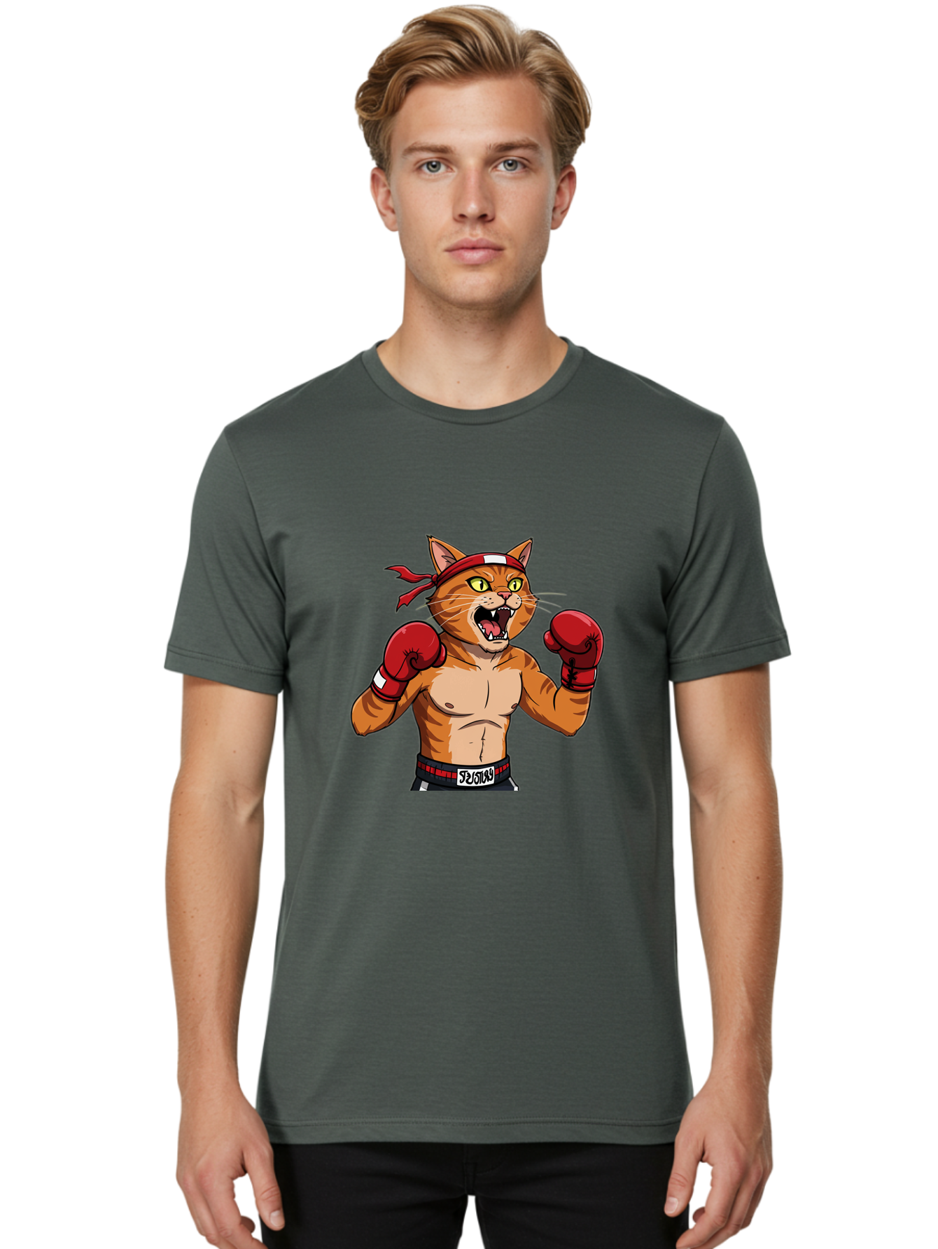 Boxing-Cat-1 Men'S Graphic Tee, 100% Cotton, Comfortable Casual Summer Wear, Machine Washable, Cartoon Cat, Goku, Boxing Gloves, Red Bandana, Muscular Physique, Confident Expression, Anime Style, Fighting Stance, Warrior Pose, Martial Arts, Bae363 26