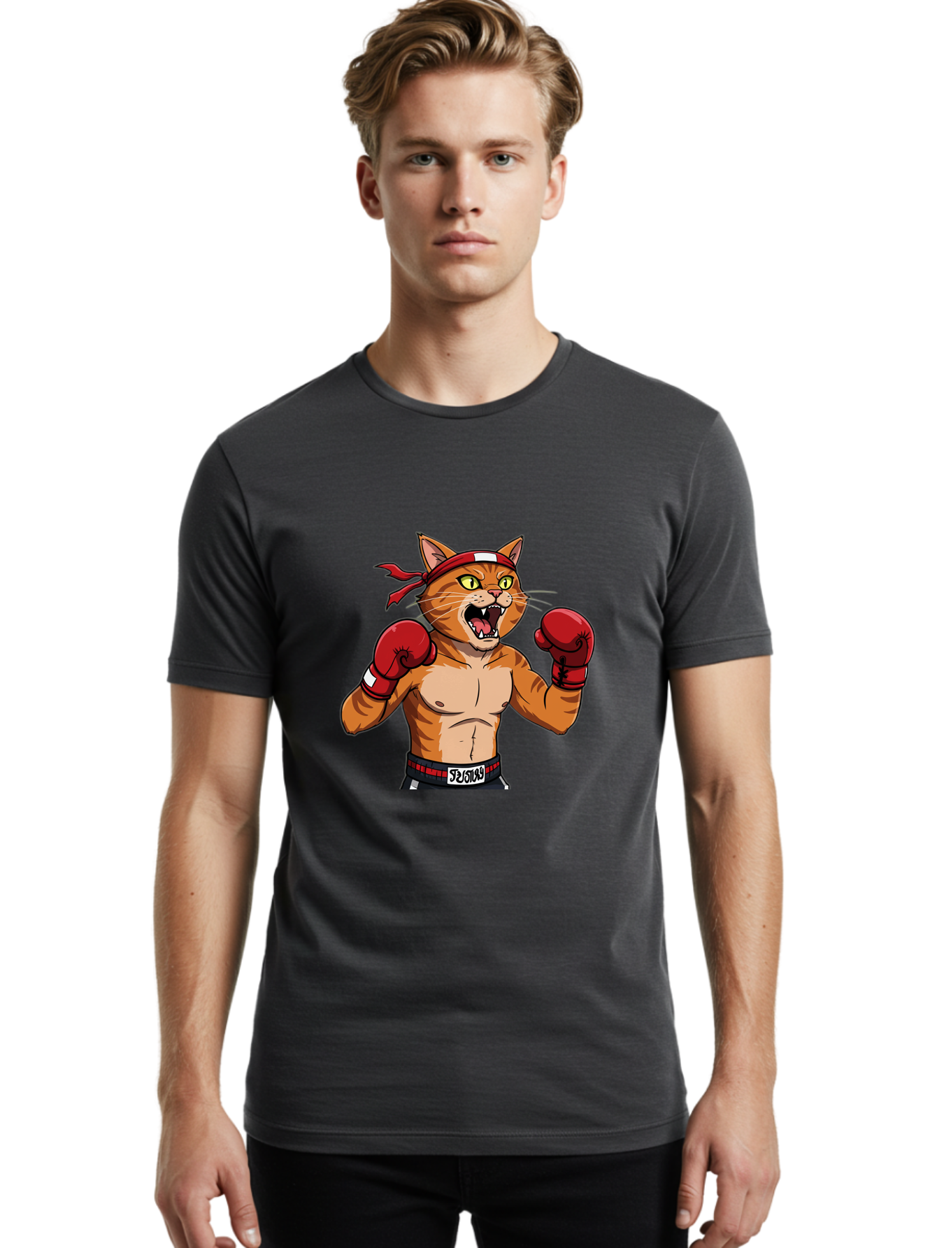 Boxing-Cat-1 Men'S Graphic Tee, 100% Cotton, Comfortable Casual Summer Wear, Machine Washable, Cartoon Cat, Goku, Boxing Gloves, Red Bandana, Muscular Physique, Confident Expression, Anime Style, Fighting Stance, Warrior Pose, Martial Arts, Bae363 29