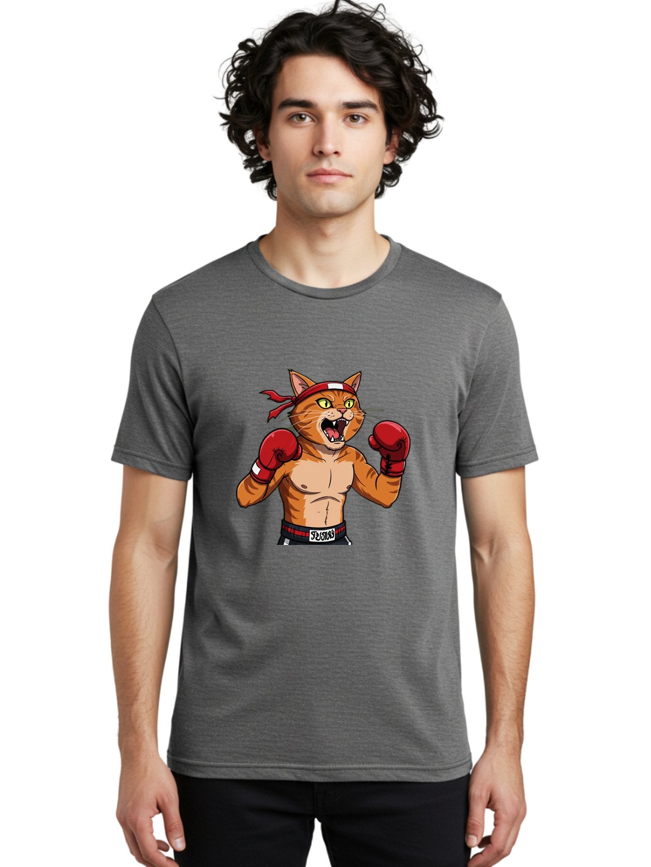 Boxing-Cat-1 Men'S Graphic Tee, 100% Cotton, Comfortable Casual Summer Wear, Machine Washable, Cartoon Cat, Goku, Boxing Gloves, Red Bandana, Muscular Physique, Confident Expression, Anime Style, Fighting Stance, Warrior Pose, Martial Arts, Bae363 27