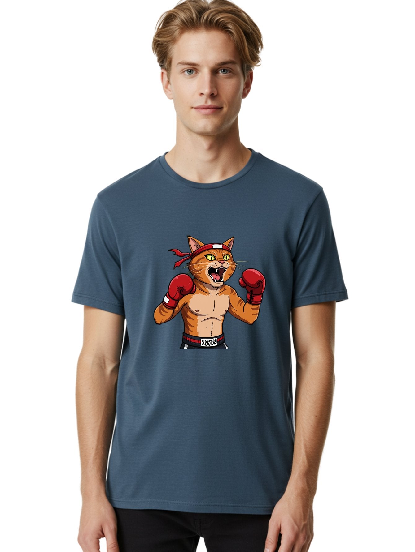 Boxing-Cat-1 Men'S Graphic Tee, 100% Cotton, Comfortable Casual Summer Wear, Machine Washable, Cartoon Cat, Goku, Boxing Gloves, Red Bandana, Muscular Physique, Confident Expression, Anime Style, Fighting Stance, Warrior Pose, Martial Arts, Bae363 26