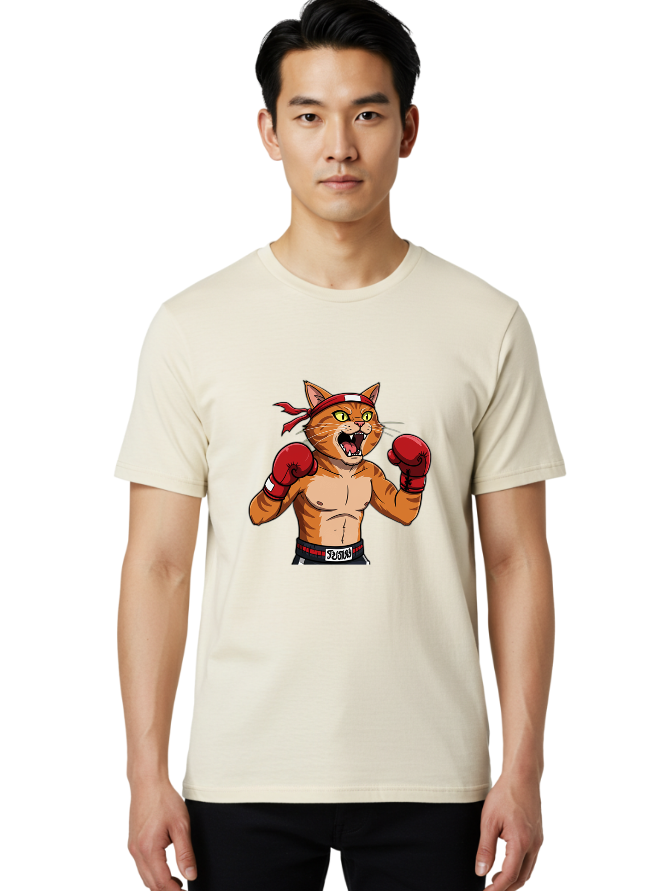 Boxing-Cat-1 Men'S Graphic Tee, 100% Cotton, Comfortable Casual Summer Wear, Machine Washable, Cartoon Cat, Goku, Boxing Gloves, Red Bandana, Muscular Physique, Confident Expression, Anime Style, Fighting Stance, Warrior Pose, Martial Arts, Bae363 17