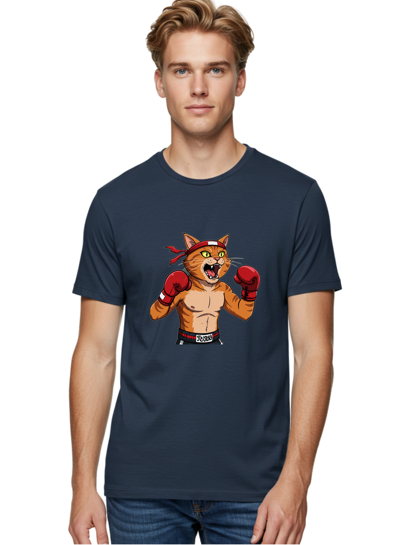 Boxing-Cat-1 Men'S Graphic Tee, 100% Cotton, Comfortable Casual Summer Wear, Machine Washable, Cartoon Cat, Goku, Boxing Gloves, Red Bandana, Muscular Physique, Confident Expression, Anime Style, Fighting Stance, Warrior Pose, Martial Arts, Bae363 23