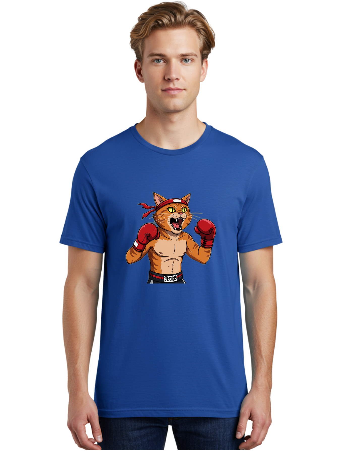 Boxing-Cat-1 Men'S Graphic Tee, 100% Cotton, Comfortable Casual Summer Wear, Machine Washable, Cartoon Cat, Goku, Boxing Gloves, Red Bandana, Muscular Physique, Confident Expression, Anime Style, Fighting Stance, Warrior Pose, Martial Arts, Bae363 30