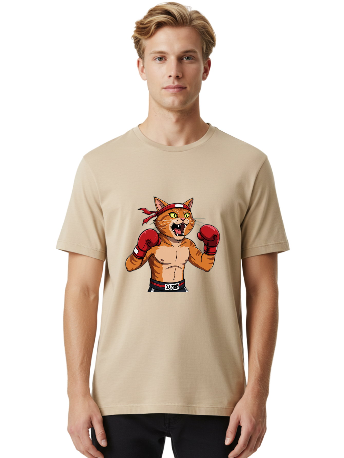 Boxing-Cat-1 Men'S Graphic Tee, 100% Cotton, Comfortable Casual Summer Wear, Machine Washable, Cartoon Cat, Goku, Boxing Gloves, Red Bandana, Muscular Physique, Confident Expression, Anime Style, Fighting Stance, Warrior Pose, Martial Arts, Bae363 22