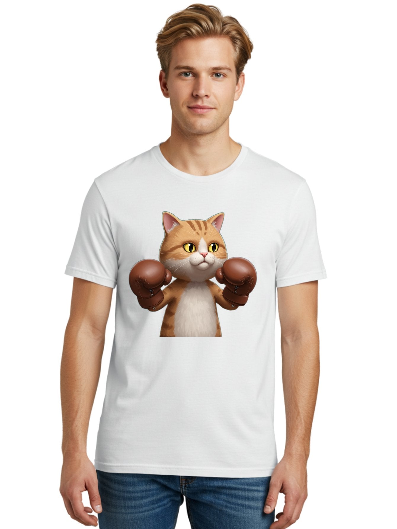 Boxing-Cat Men'S Graphic Tee, 100% Cotton, Comfortable Casual Summer Wear, Machine Washable, Cartoon Cat, Boxing Gloves, Funny Animal, Humor, Playful Cat, Adorable Feline, Boxing Stance, Cute Cat, Comedic Character Bae364 26