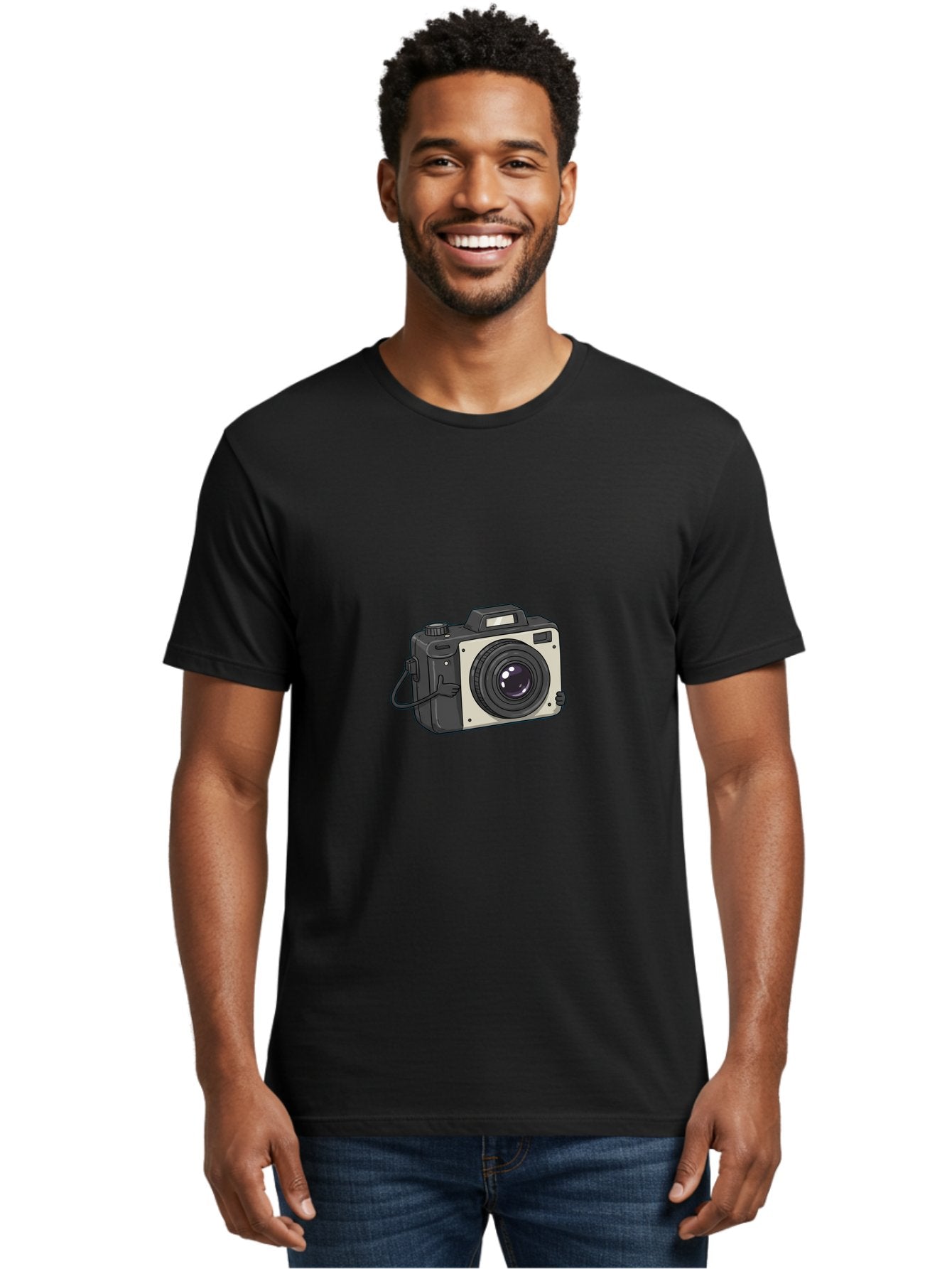 Camera-1 Men'S Graphic Tee, 100% Cotton, Comfortable Casual Summer Wear, Machine Washable, Illustrated Camera, Photography Equipment, Camera Lens, Black And Silver, Camera Strap, Digital Camera, Photography Gear, Camera Illustration Bae366 30