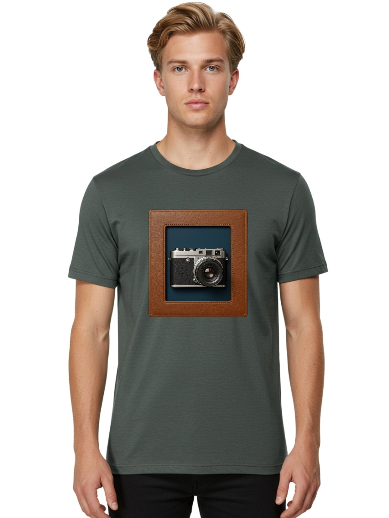 Camera-2 Men'S Graphic Tee, 100% Cotton, Comfortable Casual Summer Wear, Machine Washable, Vintage Camera, Photography Equipment, Leica Camera, Classic Design, Retro Style, Brown Leather Case, Blue Background, Silver Accents Bae367 27