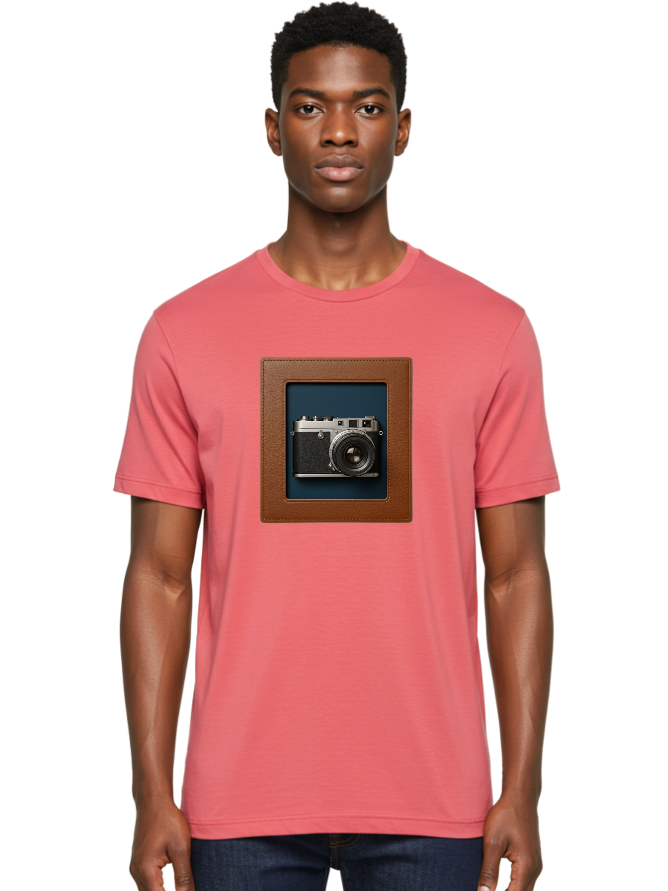 Camera-2 Men'S Graphic Tee, 100% Cotton, Comfortable Casual Summer Wear, Machine Washable, Vintage Camera, Photography Equipment, Leica Camera, Classic Design, Retro Style, Brown Leather Case, Blue Background, Silver Accents Bae367 22