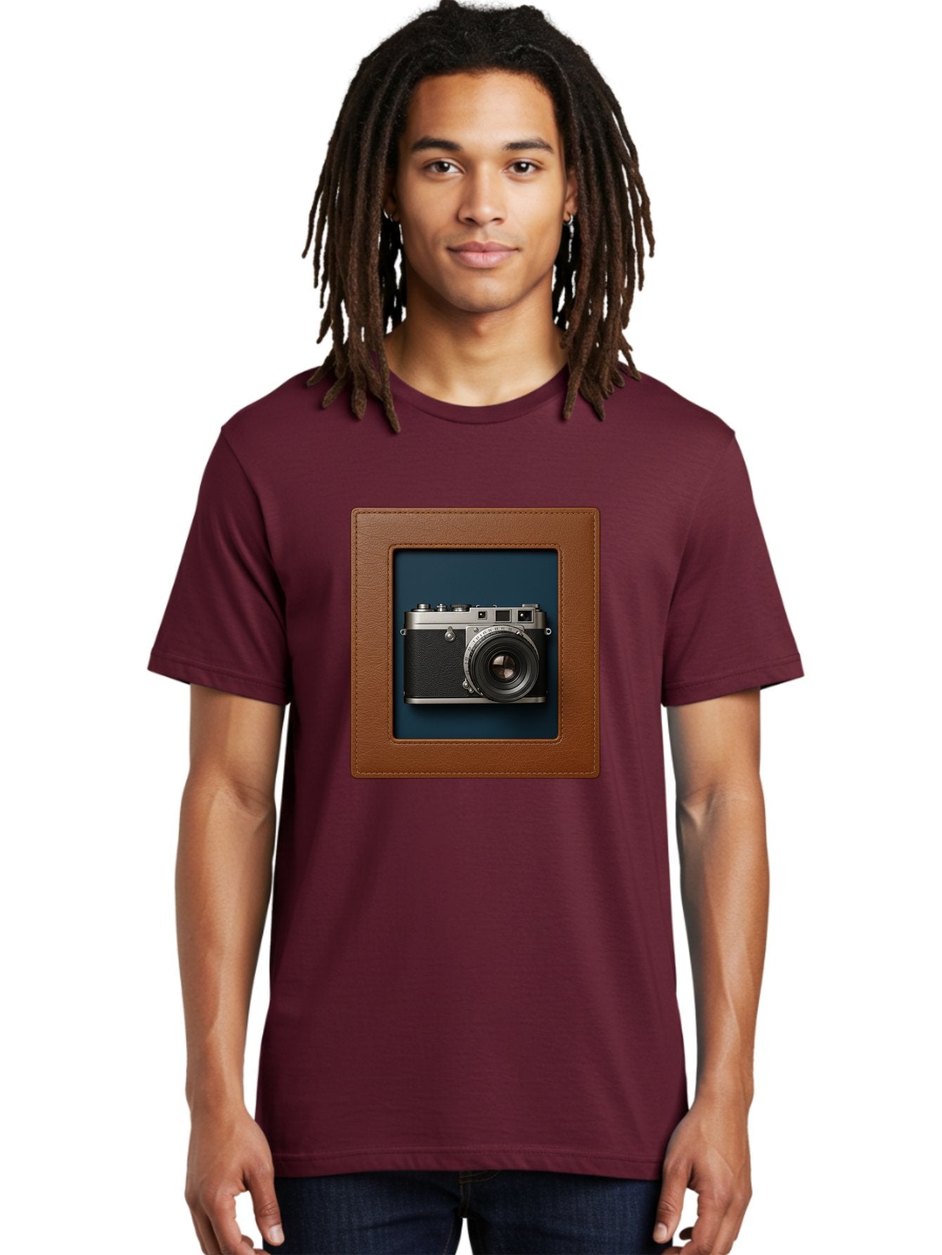 Camera-2 Men'S Graphic Tee, 100% Cotton, Comfortable Casual Summer Wear, Machine Washable, Vintage Camera, Photography Equipment, Leica Camera, Classic Design, Retro Style, Brown Leather Case, Blue Background, Silver Accents Bae367 28
