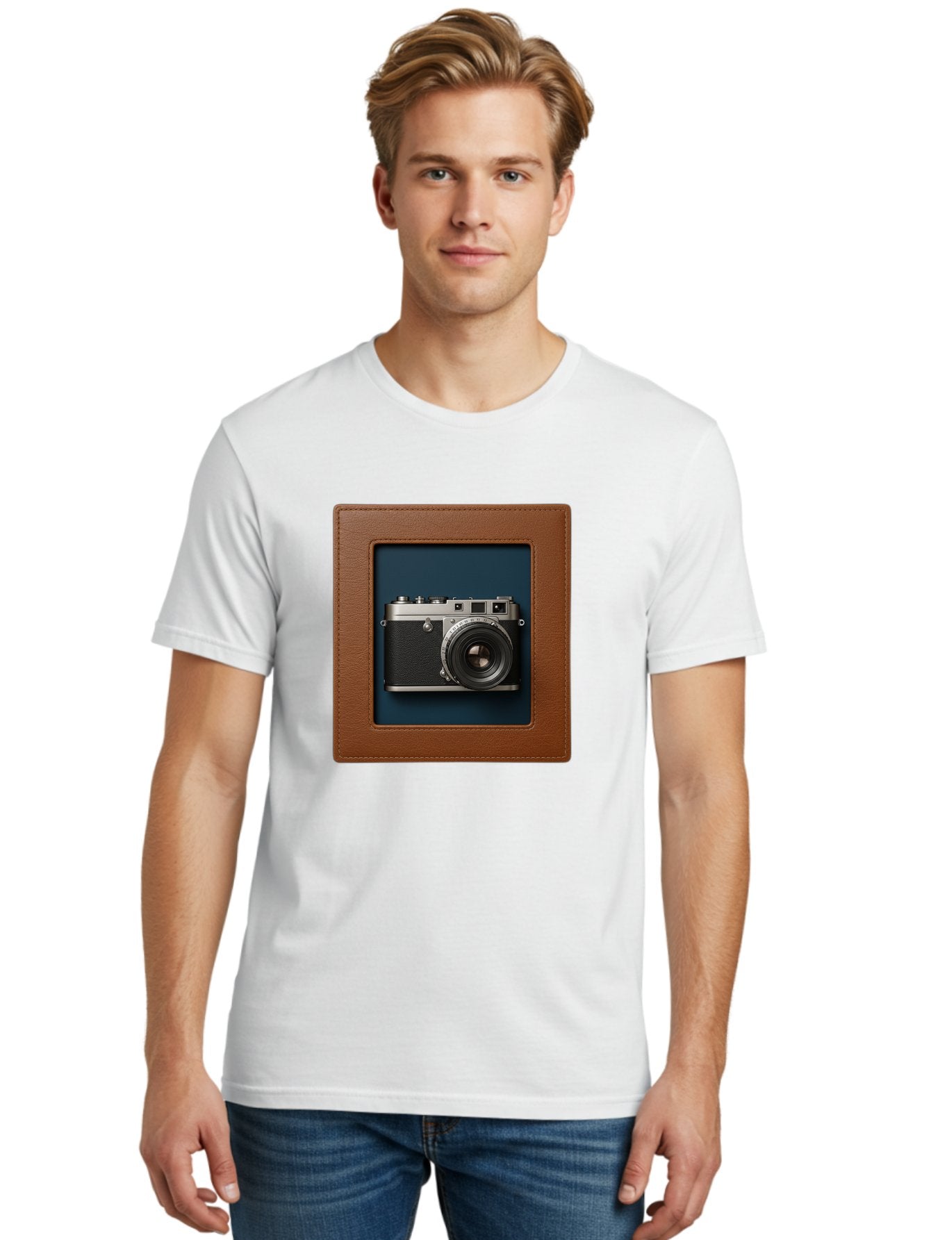 Camera-2 Men'S Graphic Tee, 100% Cotton, Comfortable Casual Summer Wear, Machine Washable, Vintage Camera, Photography Equipment, Leica Camera, Classic Design, Retro Style, Brown Leather Case, Blue Background, Silver Accents Bae367 30