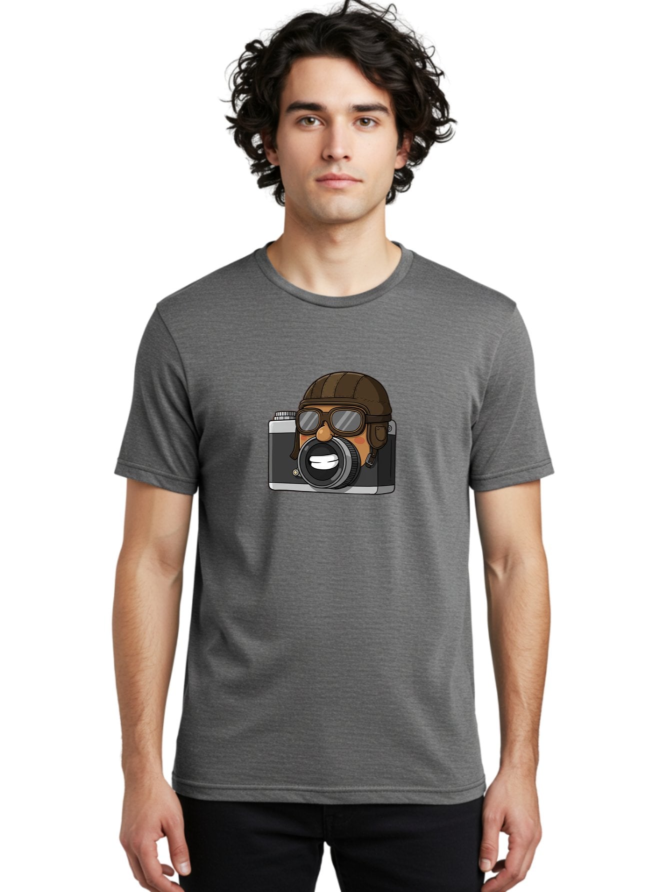 Camera-Avatar Men'S Graphic Tee, 100% Cotton, Comfortable Casual Summer Wear, Machine Washable, Cartoon Camera, Pilot Character, Aviation Style, Goggles And Helmet, Photography Illustration, Digital Art, Creative Design, Camera Character, Bae369 18