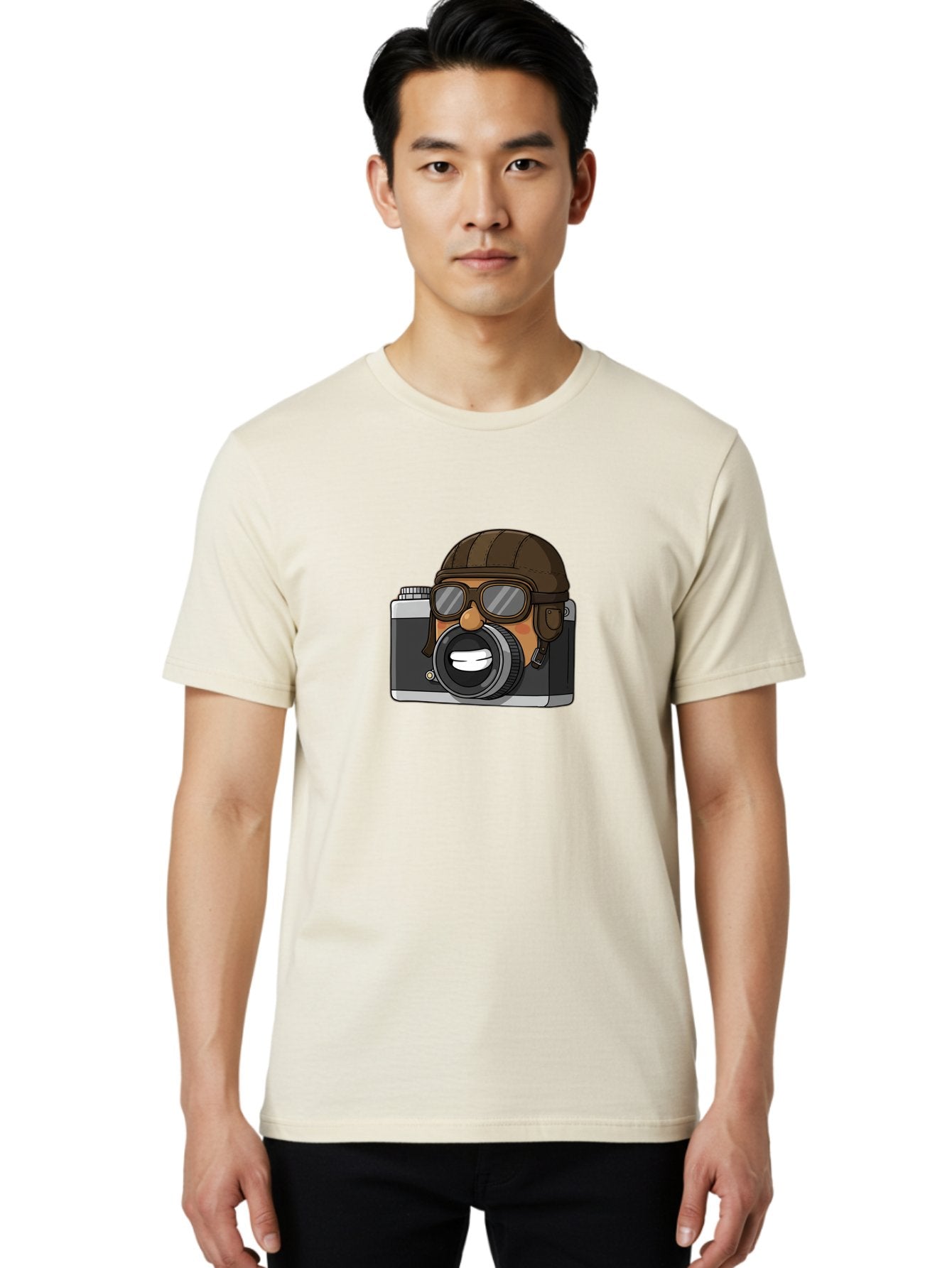Camera-Avatar Men'S Graphic Tee, 100% Cotton, Comfortable Casual Summer Wear, Machine Washable, Cartoon Camera, Pilot Character, Aviation Style, Goggles And Helmet, Photography Illustration, Digital Art, Creative Design, Camera Character, Bae369 20
