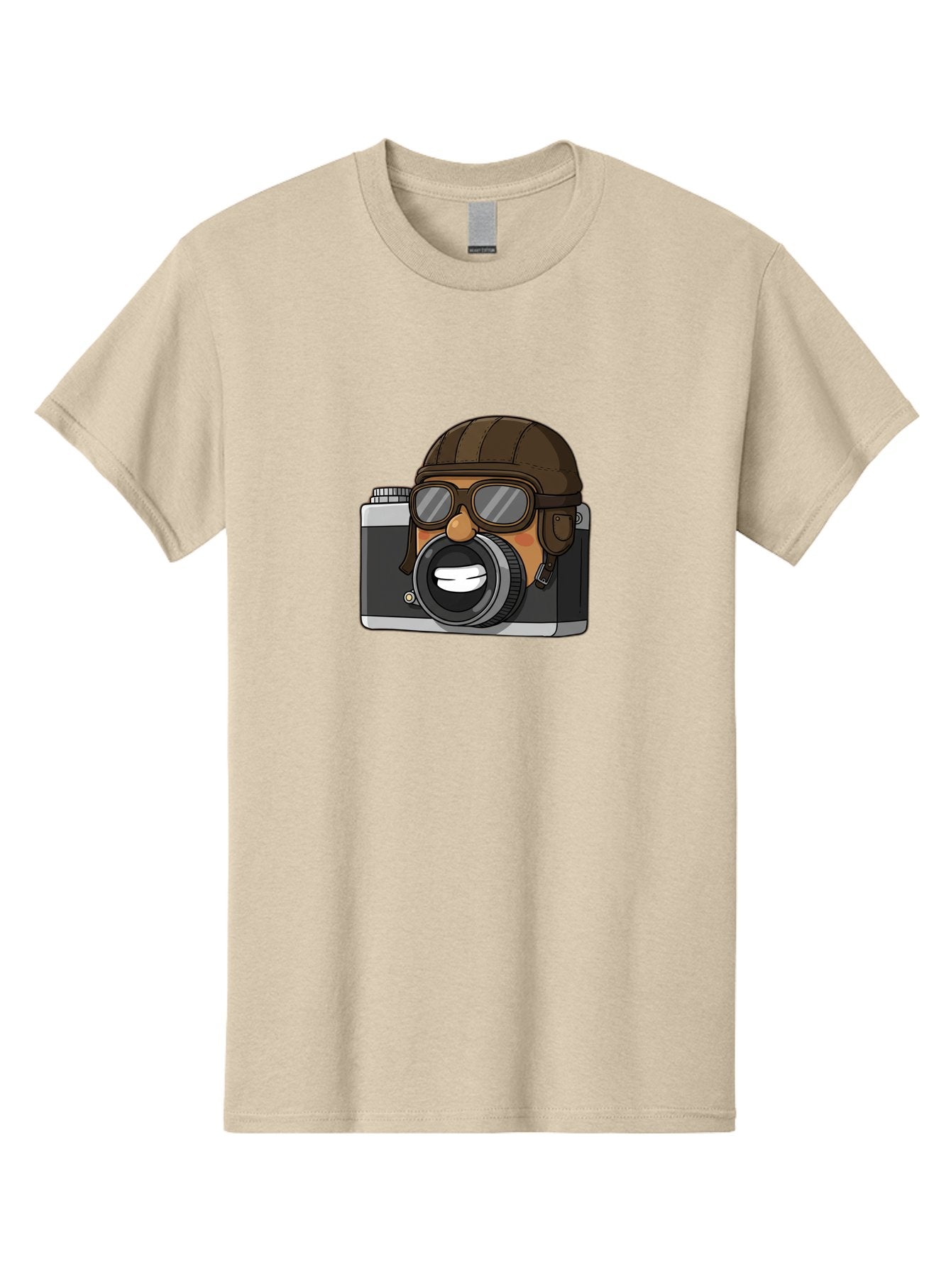 Camera-Avatar Men'S Graphic Tee, 100% Cotton, Comfortable Casual Summer Wear, Machine Washable, Cartoon Camera, Pilot Character, Aviation Style, Goggles And Helmet, Photography Illustration, Digital Art, Creative Design, Camera Character, Bae369 5