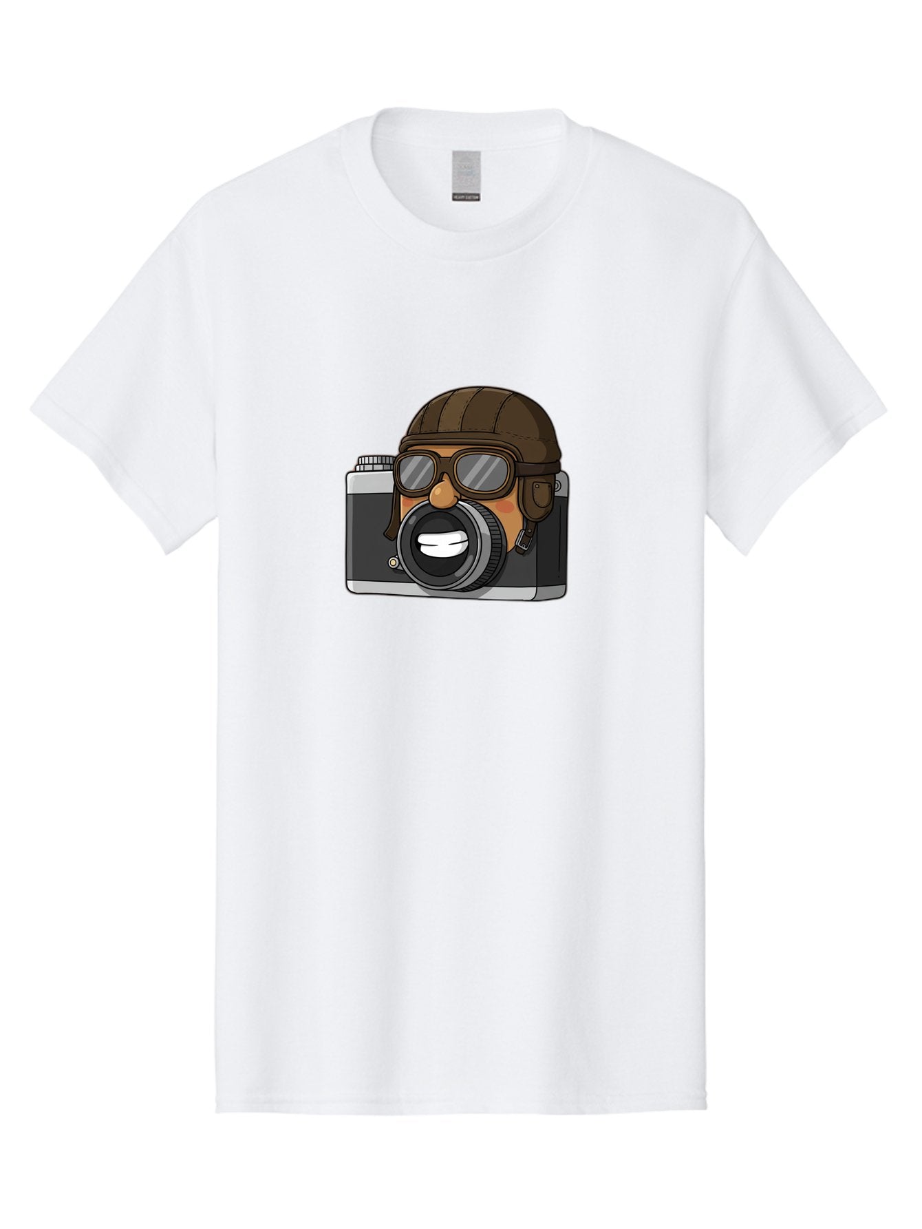 Camera-Avatar Men'S Graphic Tee, 100% Cotton, Comfortable Casual Summer Wear, Machine Washable, Cartoon Camera, Pilot Character, Aviation Style, Goggles And Helmet, Photography Illustration, Digital Art, Creative Design, Camera Character, Bae369 11