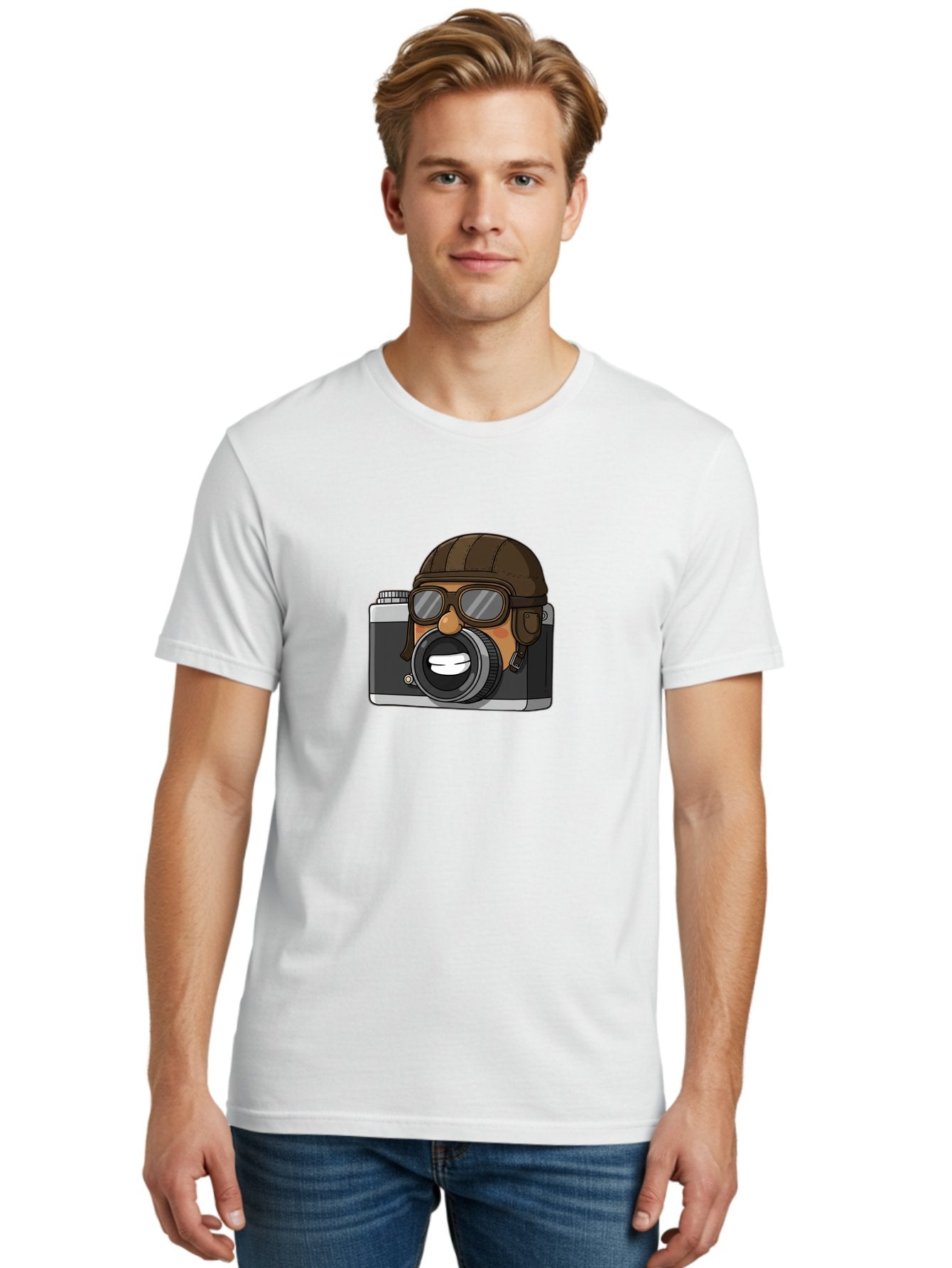 Camera-Avatar Men'S Graphic Tee, 100% Cotton, Comfortable Casual Summer Wear, Machine Washable, Cartoon Camera, Pilot Character, Aviation Style, Goggles And Helmet, Photography Illustration, Digital Art, Creative Design, Camera Character, Bae369 27