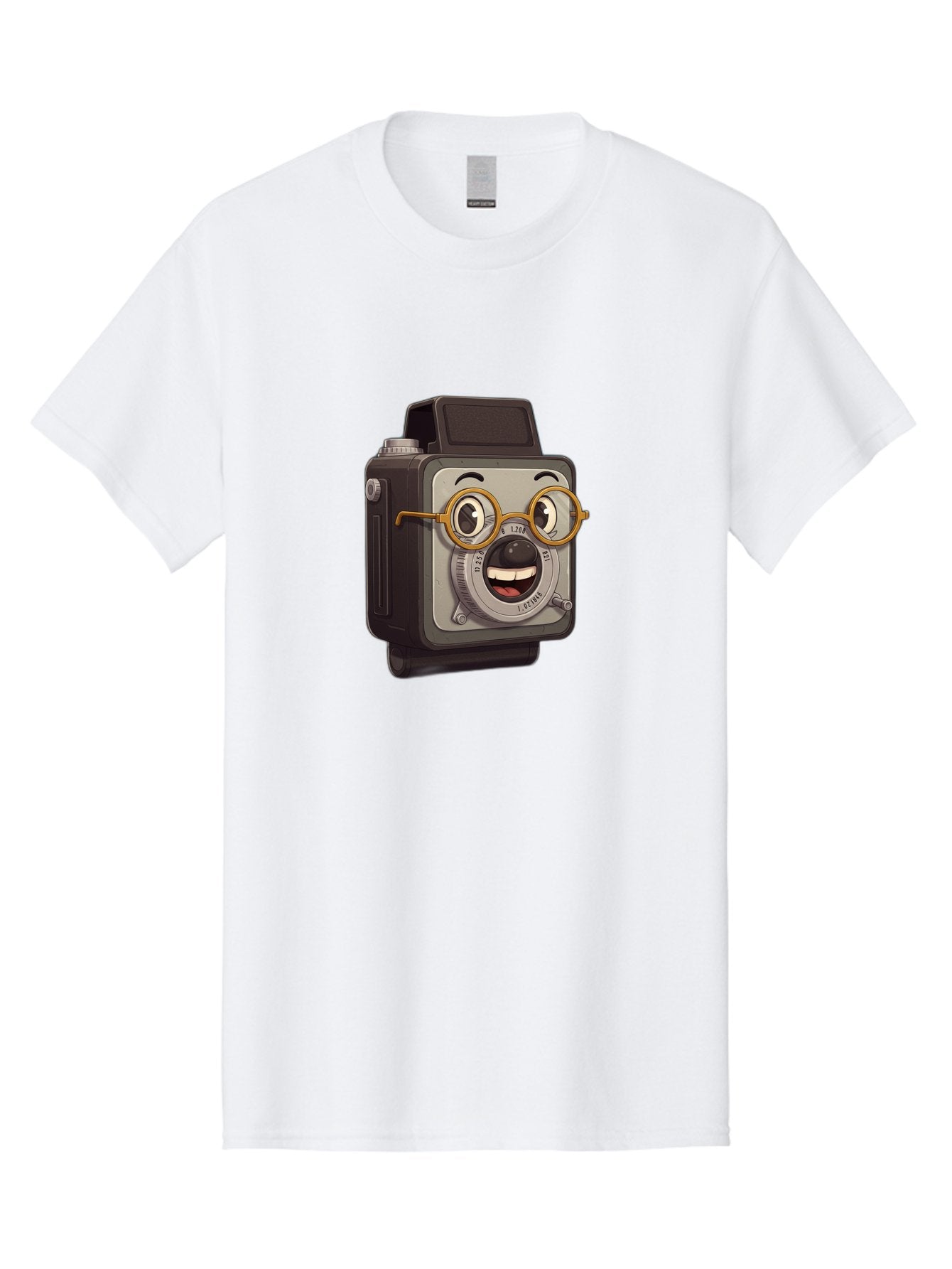 Camera-Character Men'S Graphic Tee, 100% Cotton, Comfortable Casual Summer Wear, Machine Washable, Cartoon Camera, Anthropomorphic Design, Funny Glasses, Goofy Expression, Comedic Character, Playful Illustration, Quirky Personality, Bae371