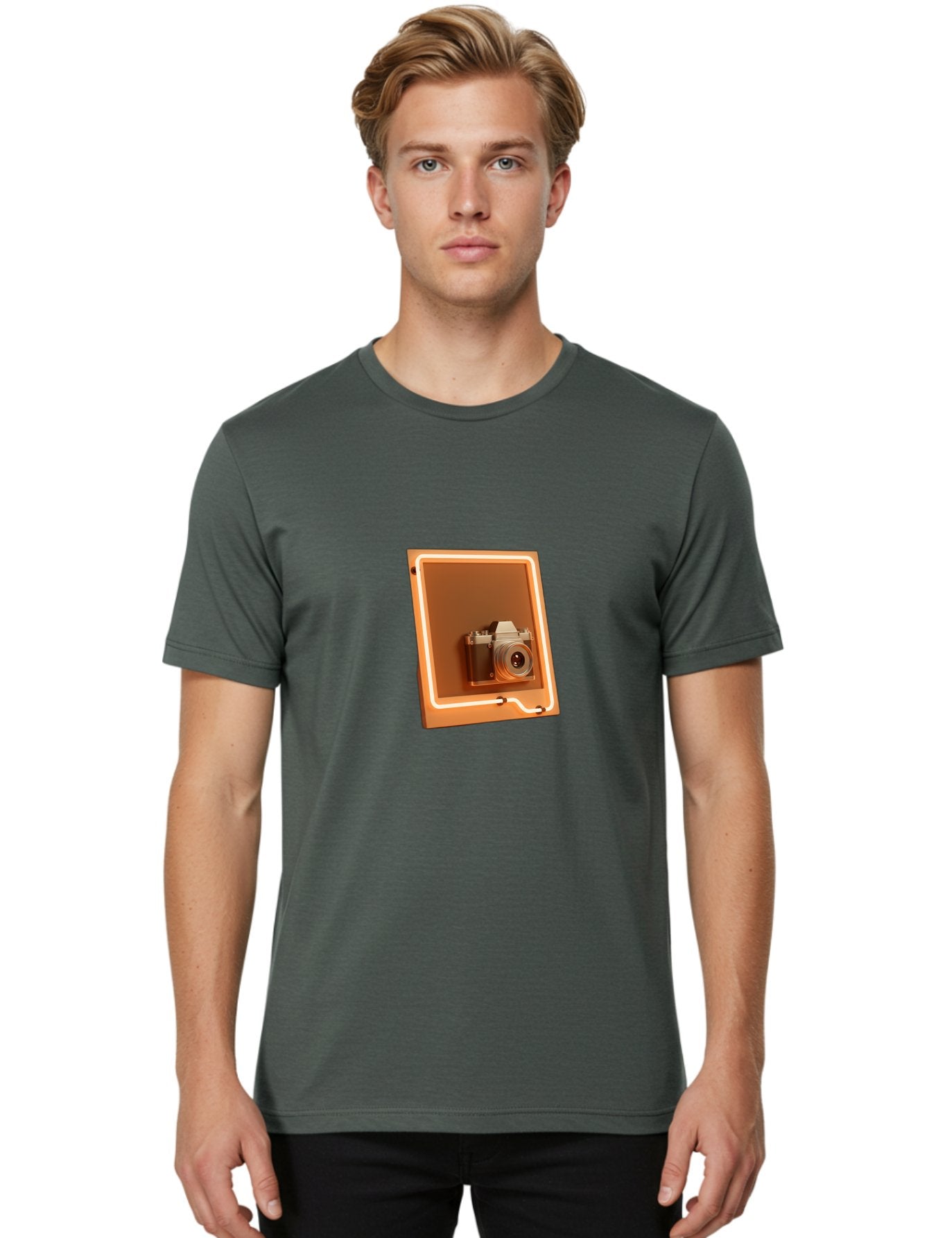 Camera-On-Tablet Men'S Graphic Tee, 100% Cotton, Comfortable Casual Summer Wear, Machine Washable, Digital Camera On Screen, Neon Light, Orange Glow, Camera Lens, Modern Technology, Photography, Digital Display, Futuristic Design Bae372 18