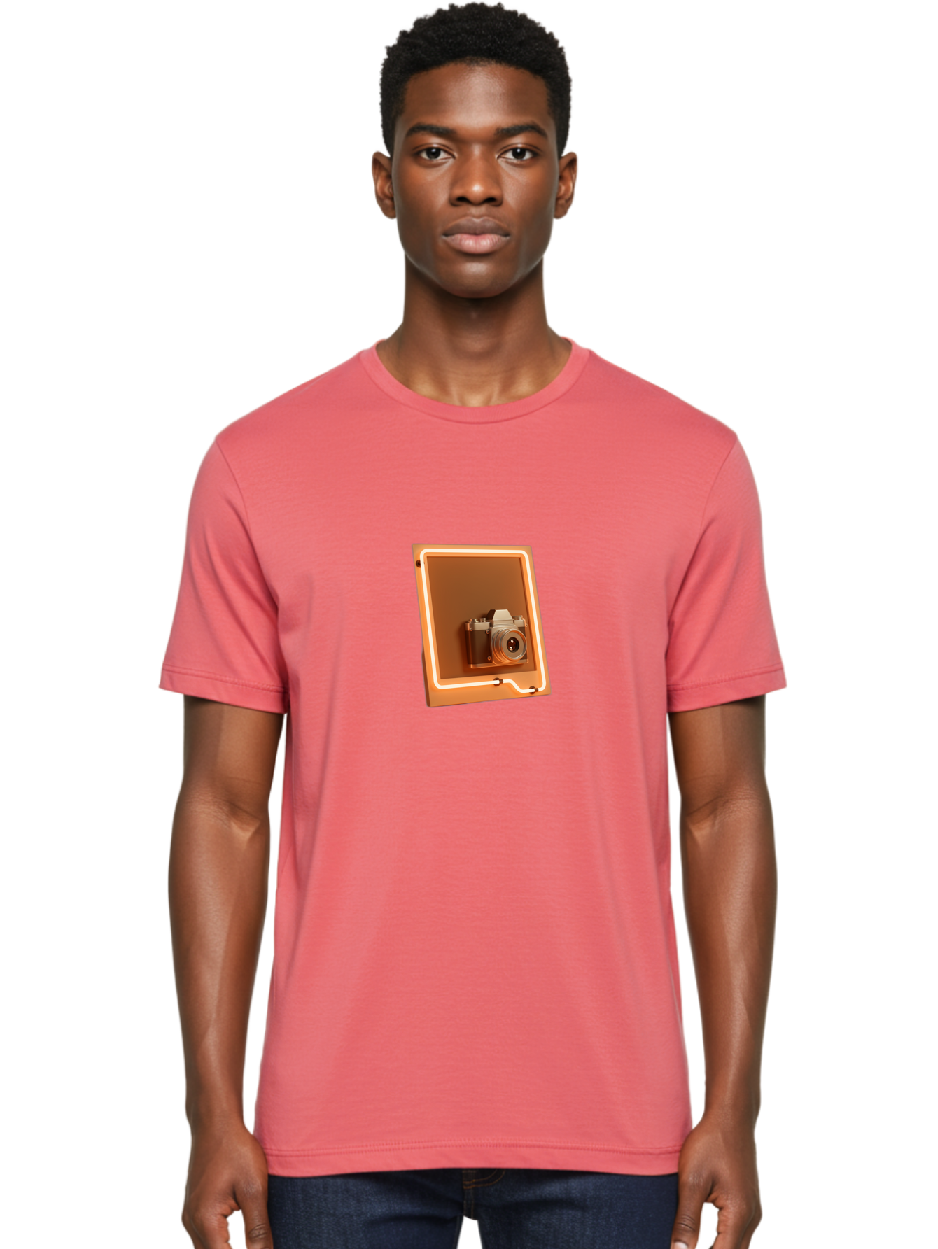 Camera-On-Tablet Men'S Graphic Tee, 100% Cotton, Comfortable Casual Summer Wear, Machine Washable, Digital Camera On Screen, Neon Light, Orange Glow, Camera Lens, Modern Technology, Photography, Digital Display, Futuristic Design Bae372 26