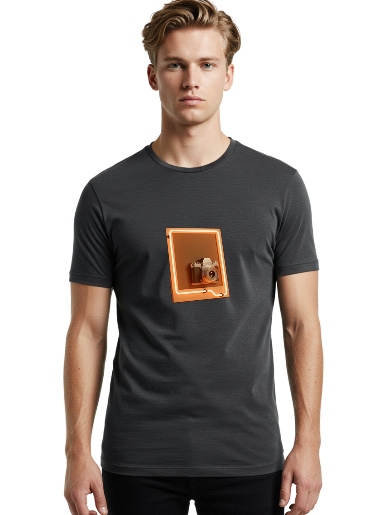 Camera-On-Tablet Men'S Graphic Tee, 100% Cotton, Comfortable Casual Summer Wear, Machine Washable, Digital Camera On Screen, Neon Light, Orange Glow, Camera Lens, Modern Technology, Photography, Digital Display, Futuristic Design Bae372 22