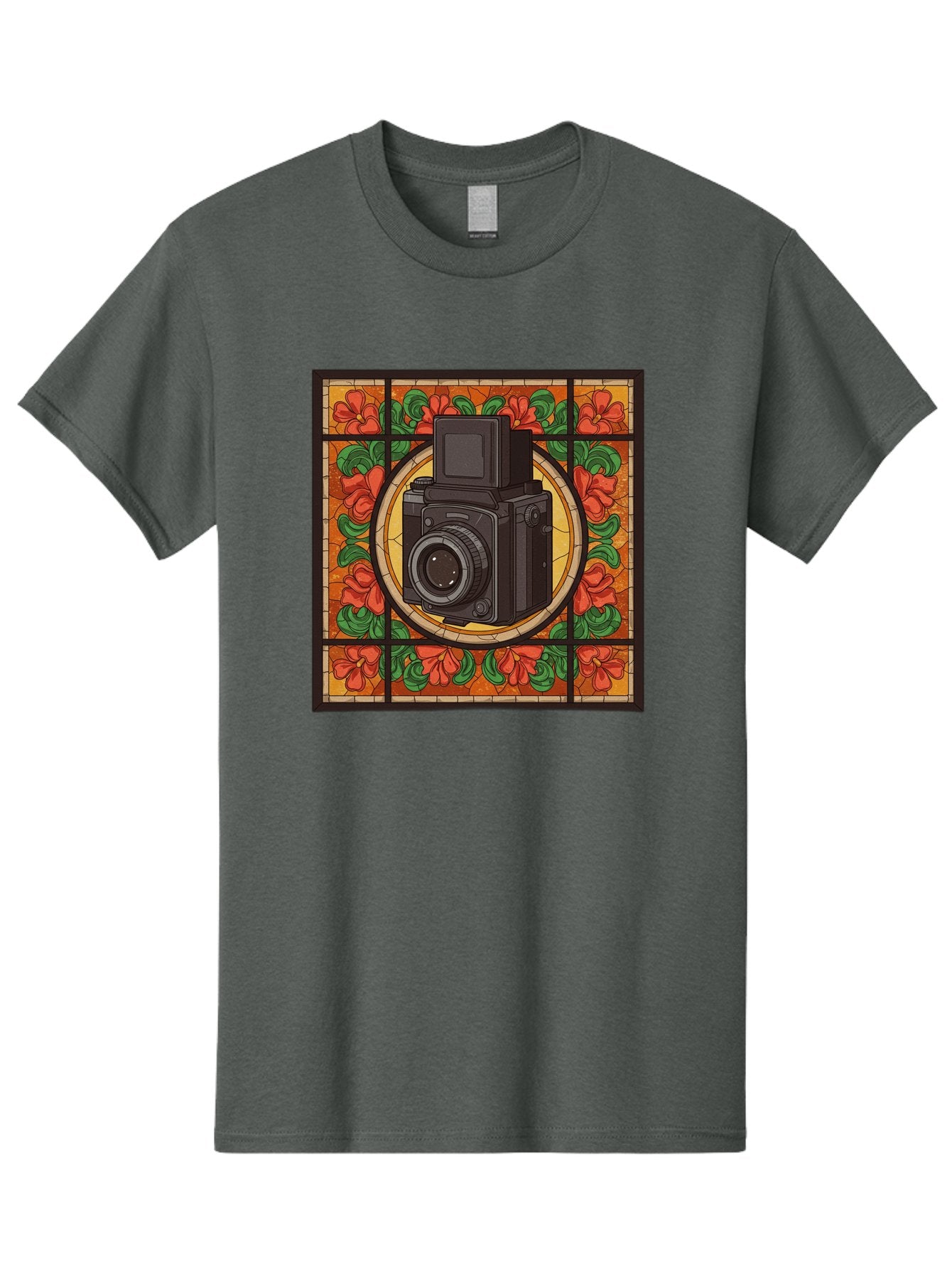 Camera-Stained-Glass Men'S Graphic Tee, 100% Cotton, Comfortable Casual Summer Wear, Machine Washable, Stained Glass Art, Vintage Camera, Floral Pattern, Red Flowers, Green Leaves, Yellow Background, Classic Design, Photography Theme, Bae373 10