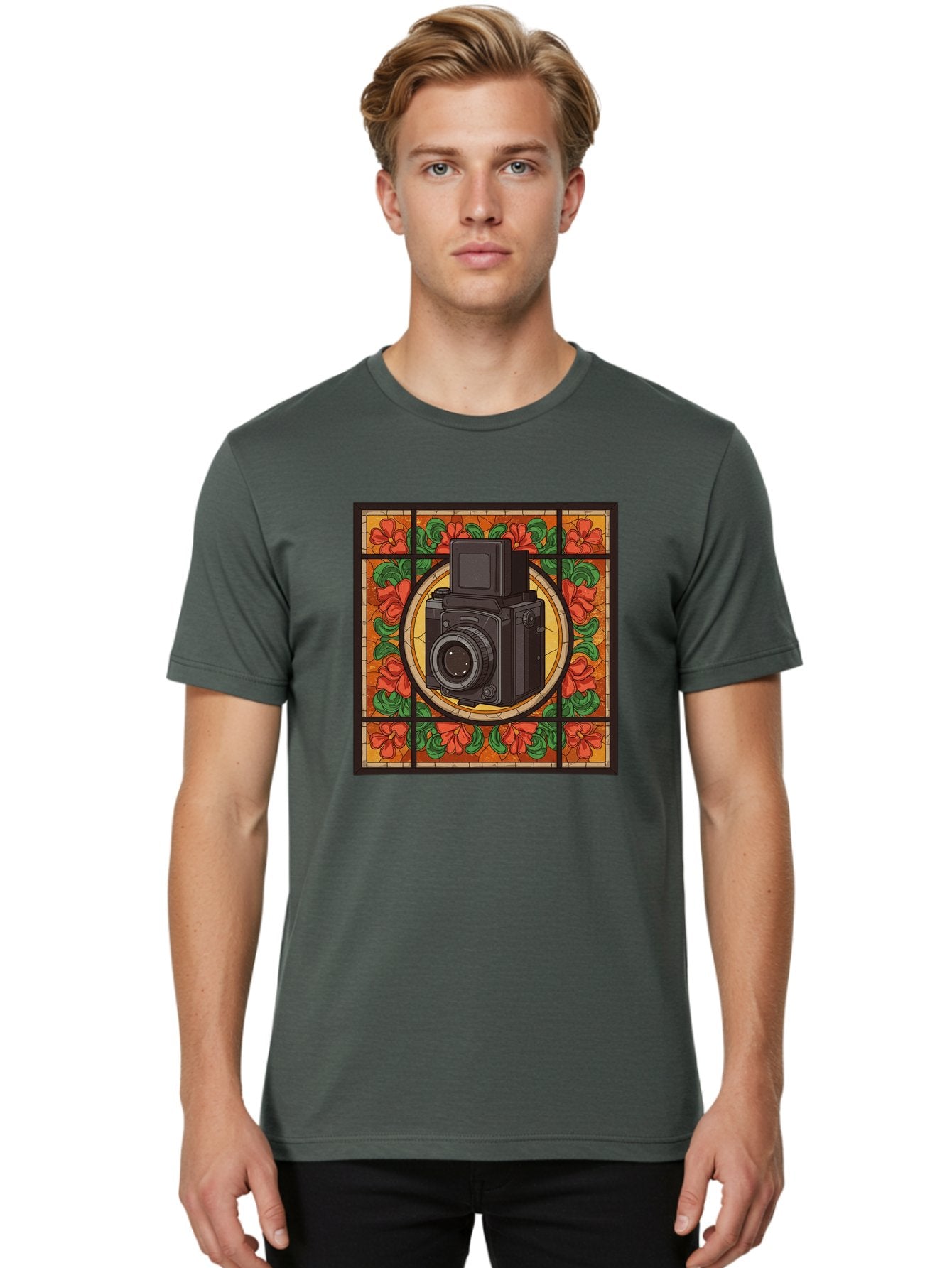 Camera-Stained-Glass Men'S Graphic Tee, 100% Cotton, Comfortable Casual Summer Wear, Machine Washable, Stained Glass Art, Vintage Camera, Floral Pattern, Red Flowers, Green Leaves, Yellow Background, Classic Design, Photography Theme, Bae373 17