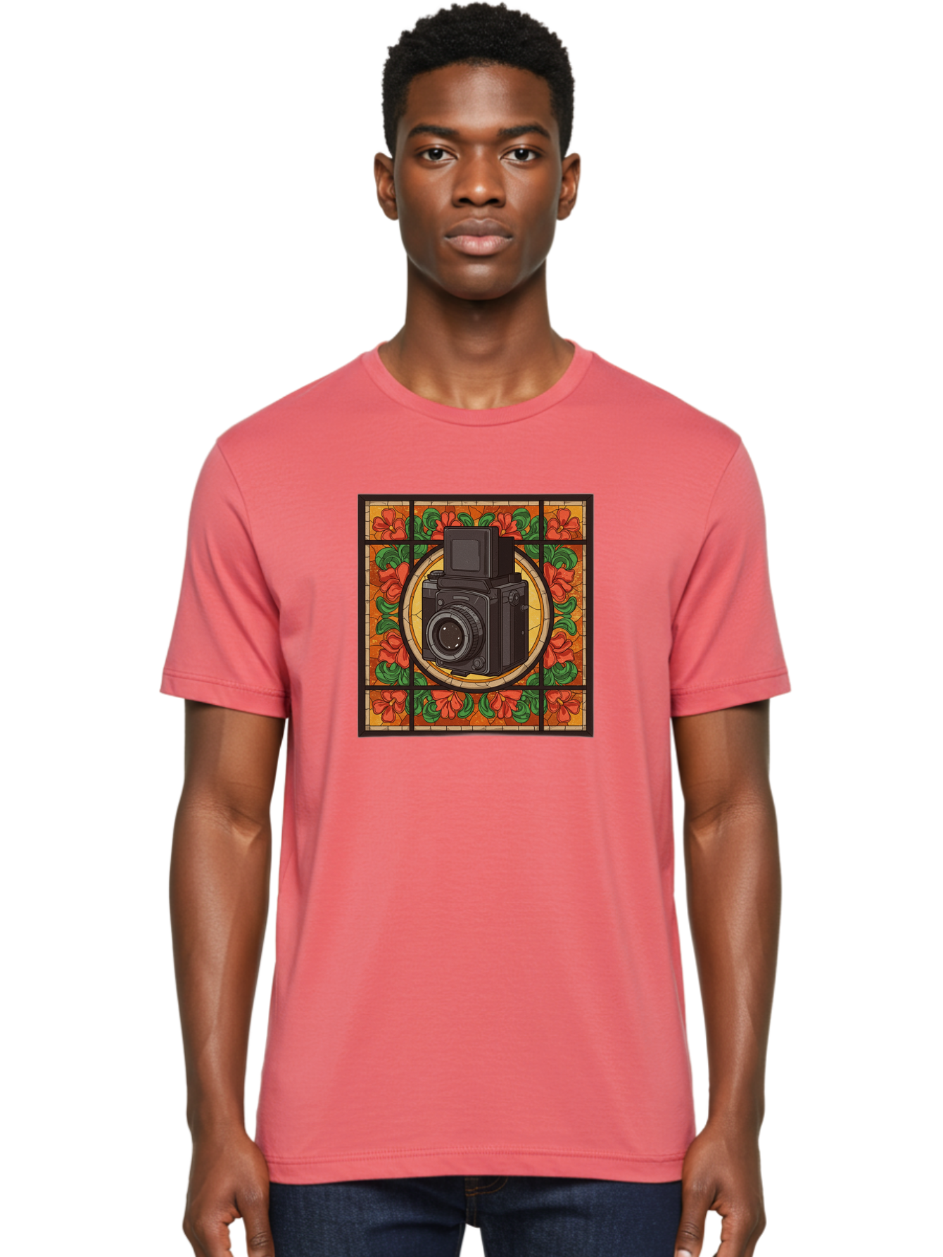 Camera-Stained-Glass Men'S Graphic Tee, 100% Cotton, Comfortable Casual Summer Wear, Machine Washable, Stained Glass Art, Vintage Camera, Floral Pattern, Red Flowers, Green Leaves, Yellow Background, Classic Design, Photography Theme, Bae373 20
