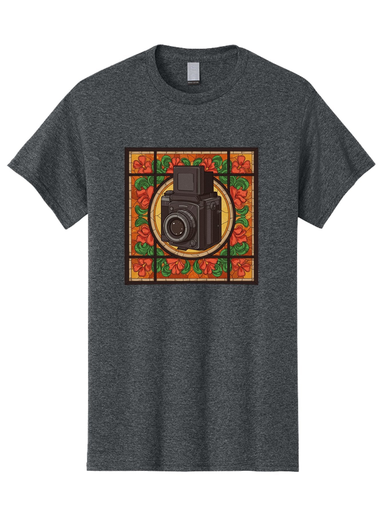 Camera-Stained-Glass Men'S Graphic Tee, 100% Cotton, Comfortable Casual Summer Wear, Machine Washable, Stained Glass Art, Vintage Camera, Floral Pattern, Red Flowers, Green Leaves, Yellow Background, Classic Design, Photography Theme, Bae373 13