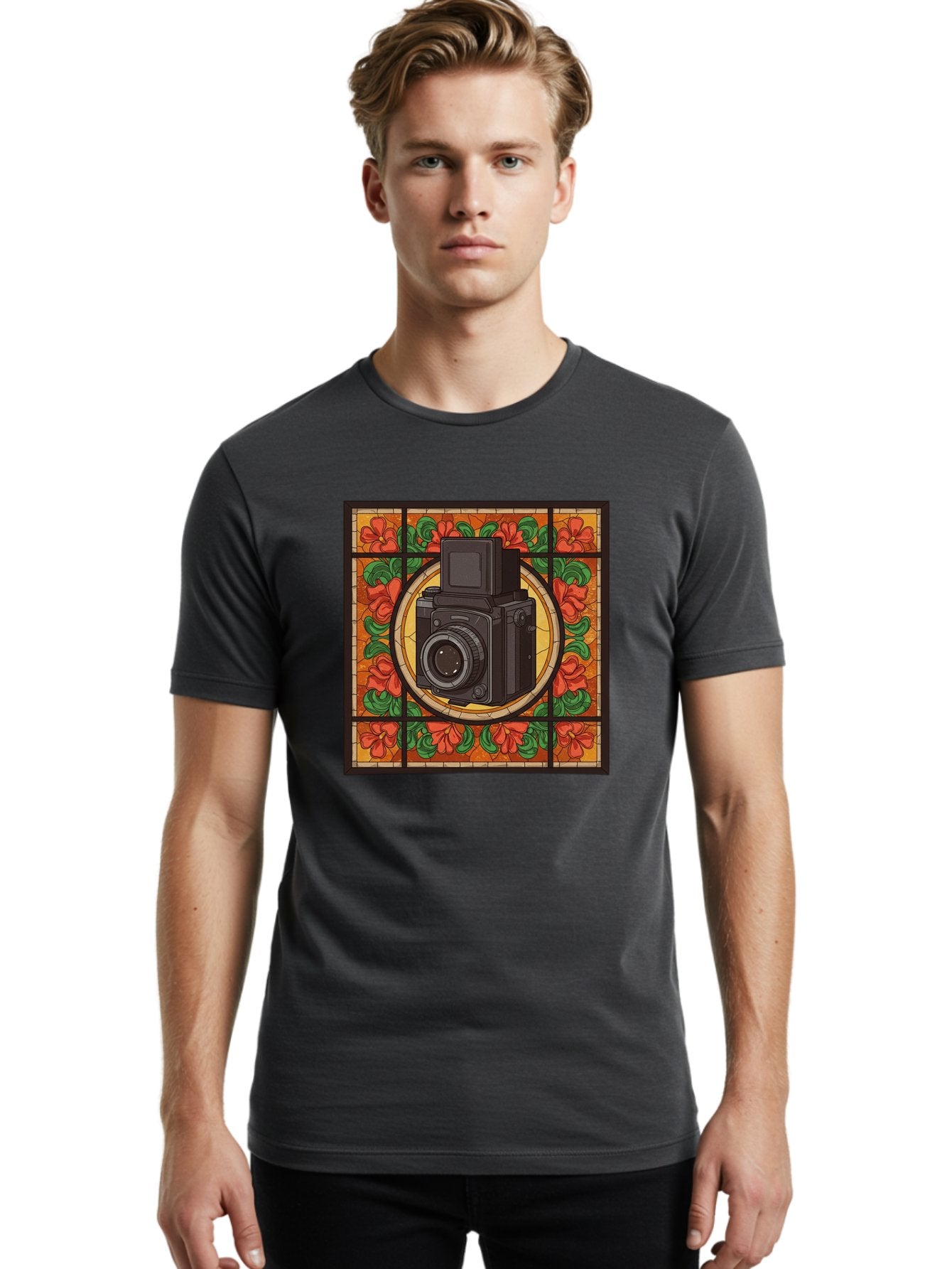 Camera-Stained-Glass Men'S Graphic Tee, 100% Cotton, Comfortable Casual Summer Wear, Machine Washable, Stained Glass Art, Vintage Camera, Floral Pattern, Red Flowers, Green Leaves, Yellow Background, Classic Design, Photography Theme, Bae373 20
