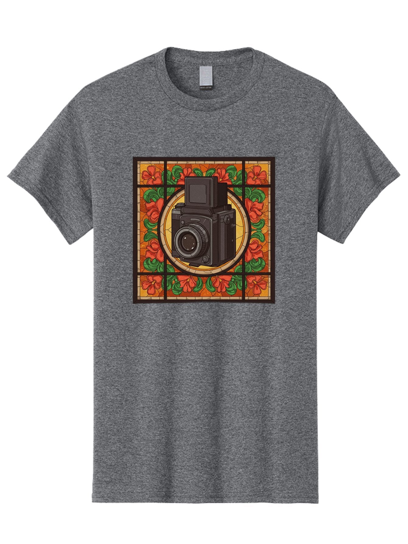 Camera-Stained-Glass Men'S Graphic Tee, 100% Cotton, Comfortable Casual Summer Wear, Machine Washable, Stained Glass Art, Vintage Camera, Floral Pattern, Red Flowers, Green Leaves, Yellow Background, Classic Design, Photography Theme, Bae373 8