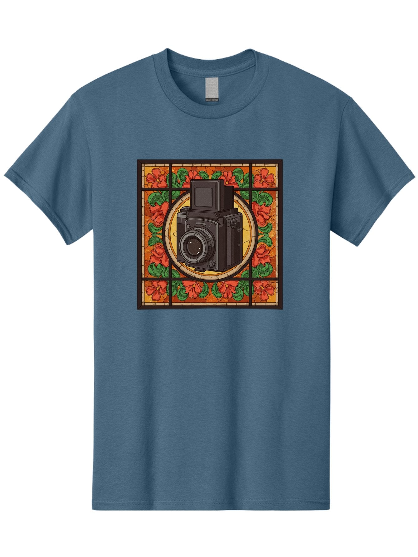 Camera-Stained-Glass Men'S Graphic Tee, 100% Cotton, Comfortable Casual Summer Wear, Machine Washable, Stained Glass Art, Vintage Camera, Floral Pattern, Red Flowers, Green Leaves, Yellow Background, Classic Design, Photography Theme, Bae373 11
