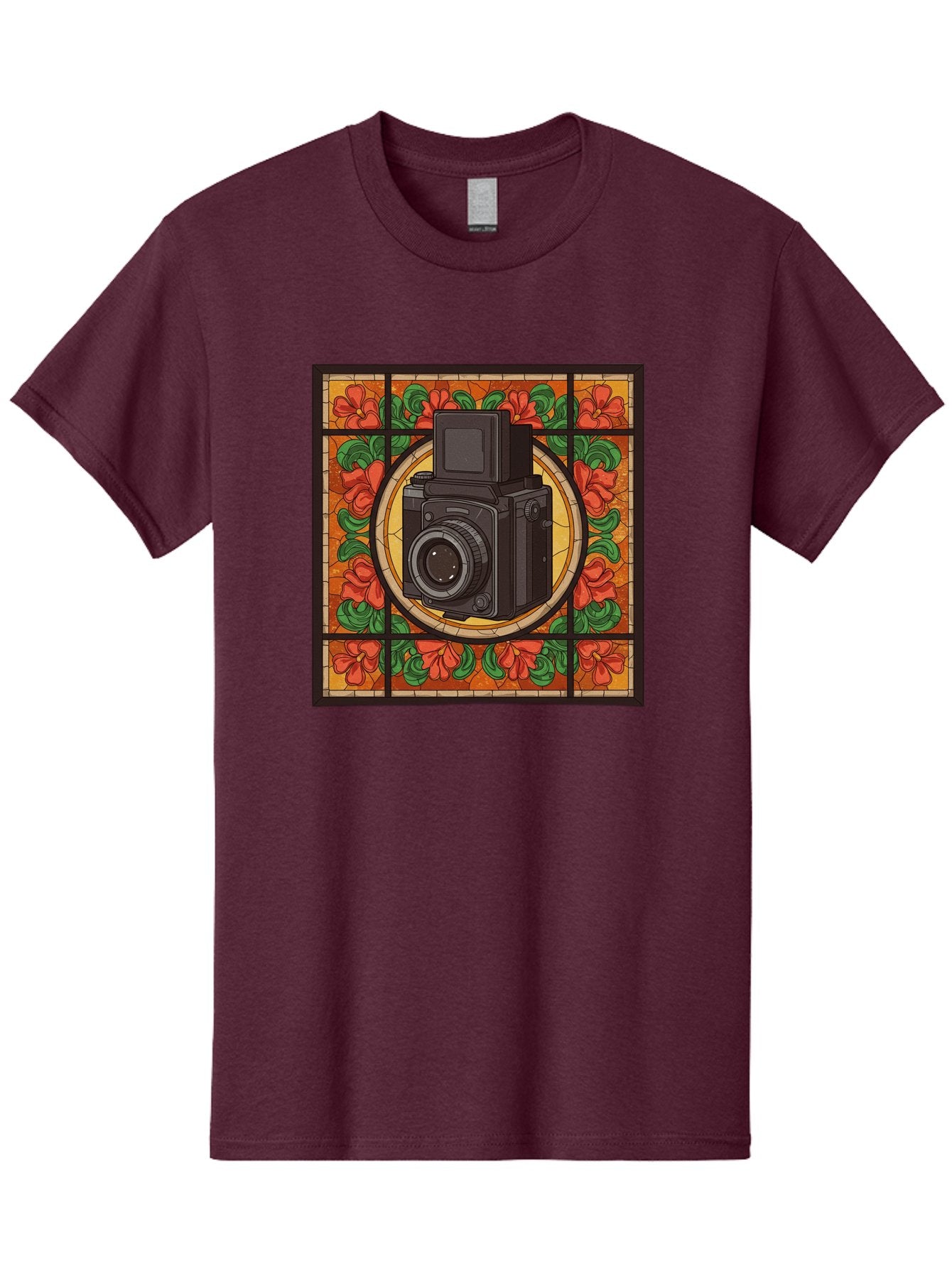 Camera-Stained-Glass Men'S Graphic Tee, 100% Cotton, Comfortable Casual Summer Wear, Machine Washable, Stained Glass Art, Vintage Camera, Floral Pattern, Red Flowers, Green Leaves, Yellow Background, Classic Design, Photography Theme, Bae373 15