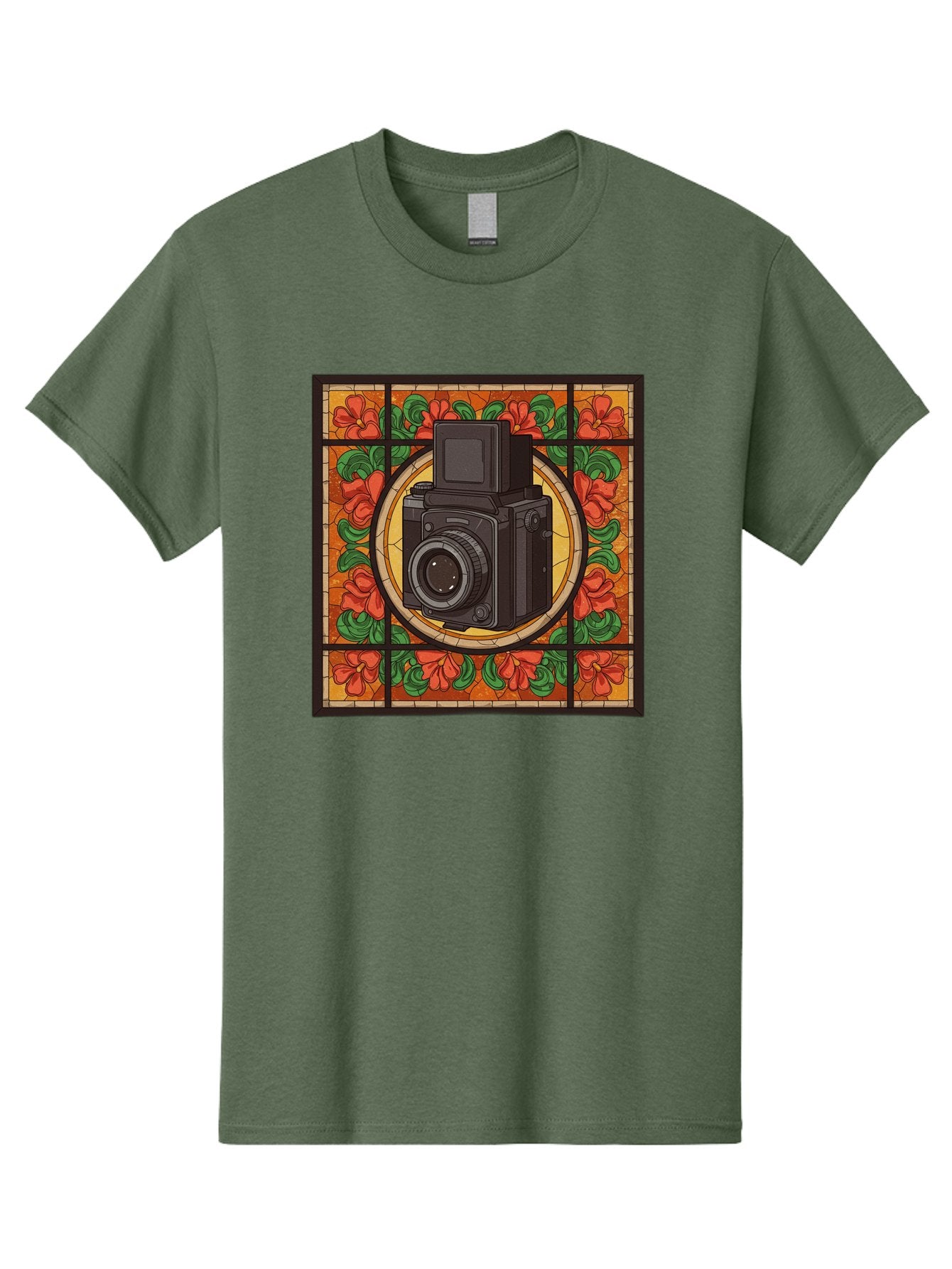 Camera-Stained-Glass Men'S Graphic Tee, 100% Cotton, Comfortable Casual Summer Wear, Machine Washable, Stained Glass Art, Vintage Camera, Floral Pattern, Red Flowers, Green Leaves, Yellow Background, Classic Design, Photography Theme, Bae373 6