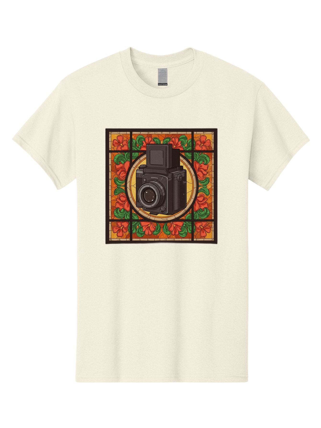 Camera-Stained-Glass Men'S Graphic Tee, 100% Cotton, Comfortable Casual Summer Wear, Machine Washable, Stained Glass Art, Vintage Camera, Floral Pattern, Red Flowers, Green Leaves, Yellow Background, Classic Design, Photography Theme, Bae373 7