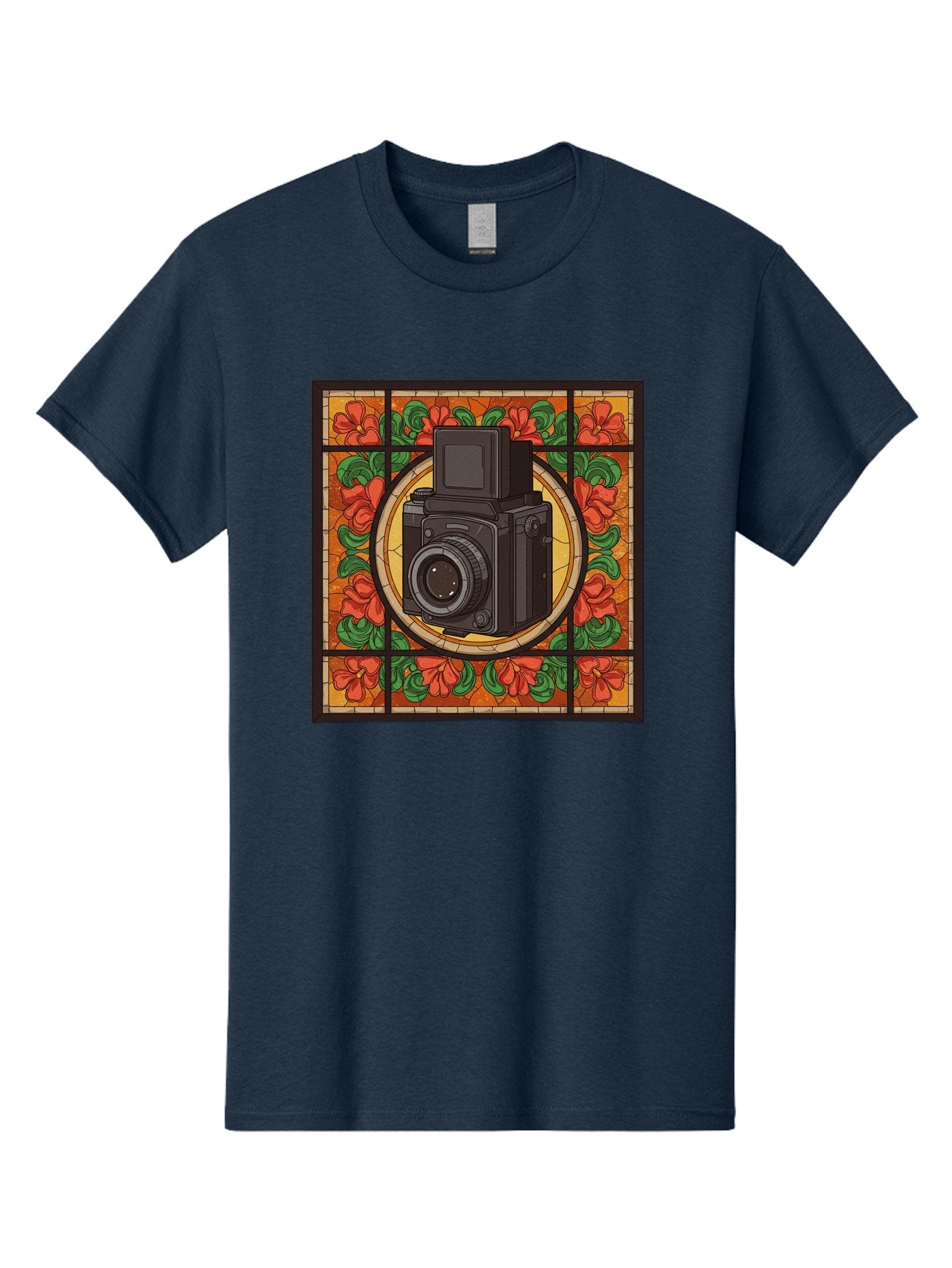Camera-Stained-Glass Men'S Graphic Tee, 100% Cotton, Comfortable Casual Summer Wear, Machine Washable, Stained Glass Art, Vintage Camera, Floral Pattern, Red Flowers, Green Leaves, Yellow Background, Classic Design, Photography Theme, Bae373