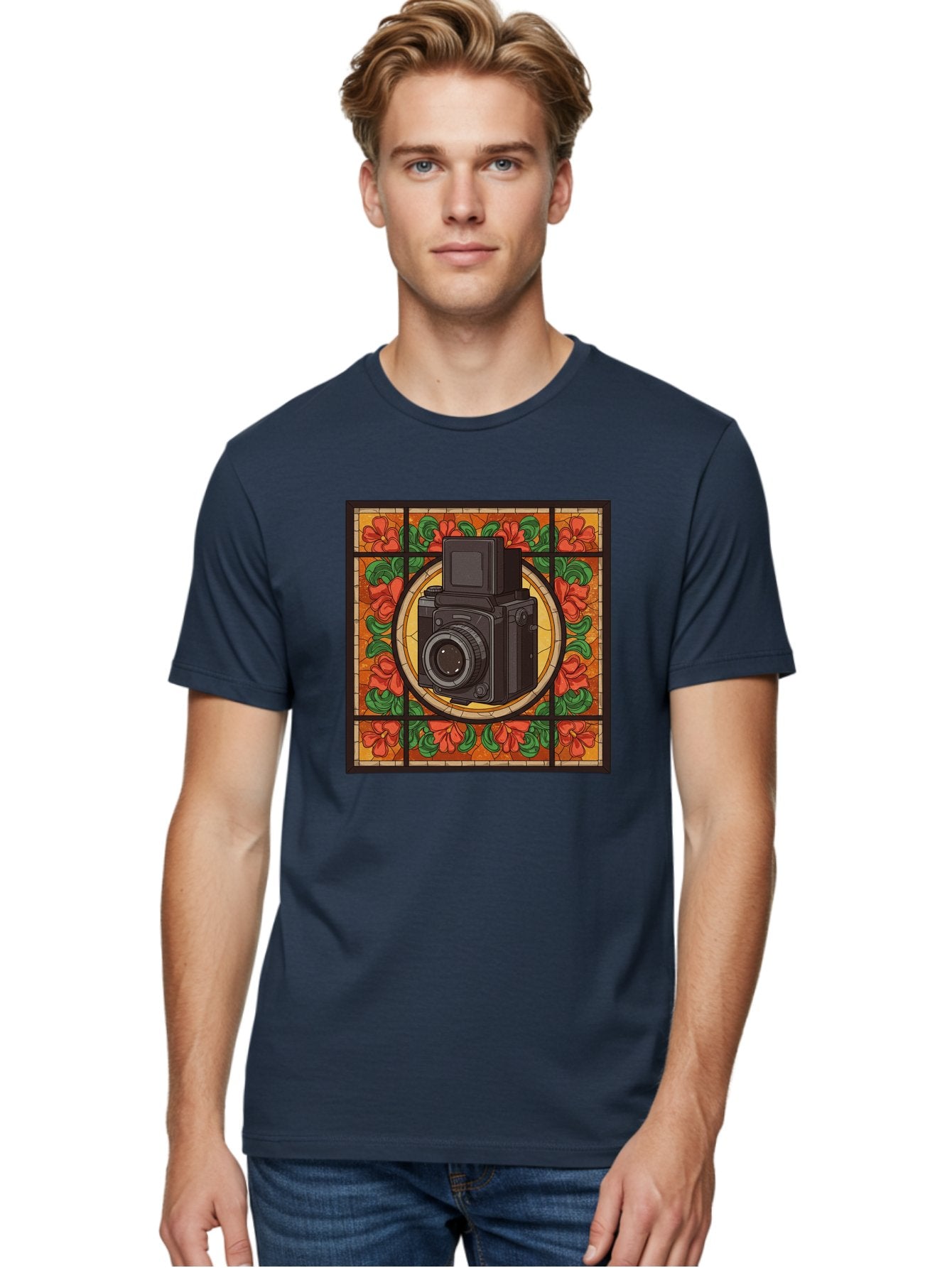 Camera-Stained-Glass Men'S Graphic Tee, 100% Cotton, Comfortable Casual Summer Wear, Machine Washable, Stained Glass Art, Vintage Camera, Floral Pattern, Red Flowers, Green Leaves, Yellow Background, Classic Design, Photography Theme, Bae373 21