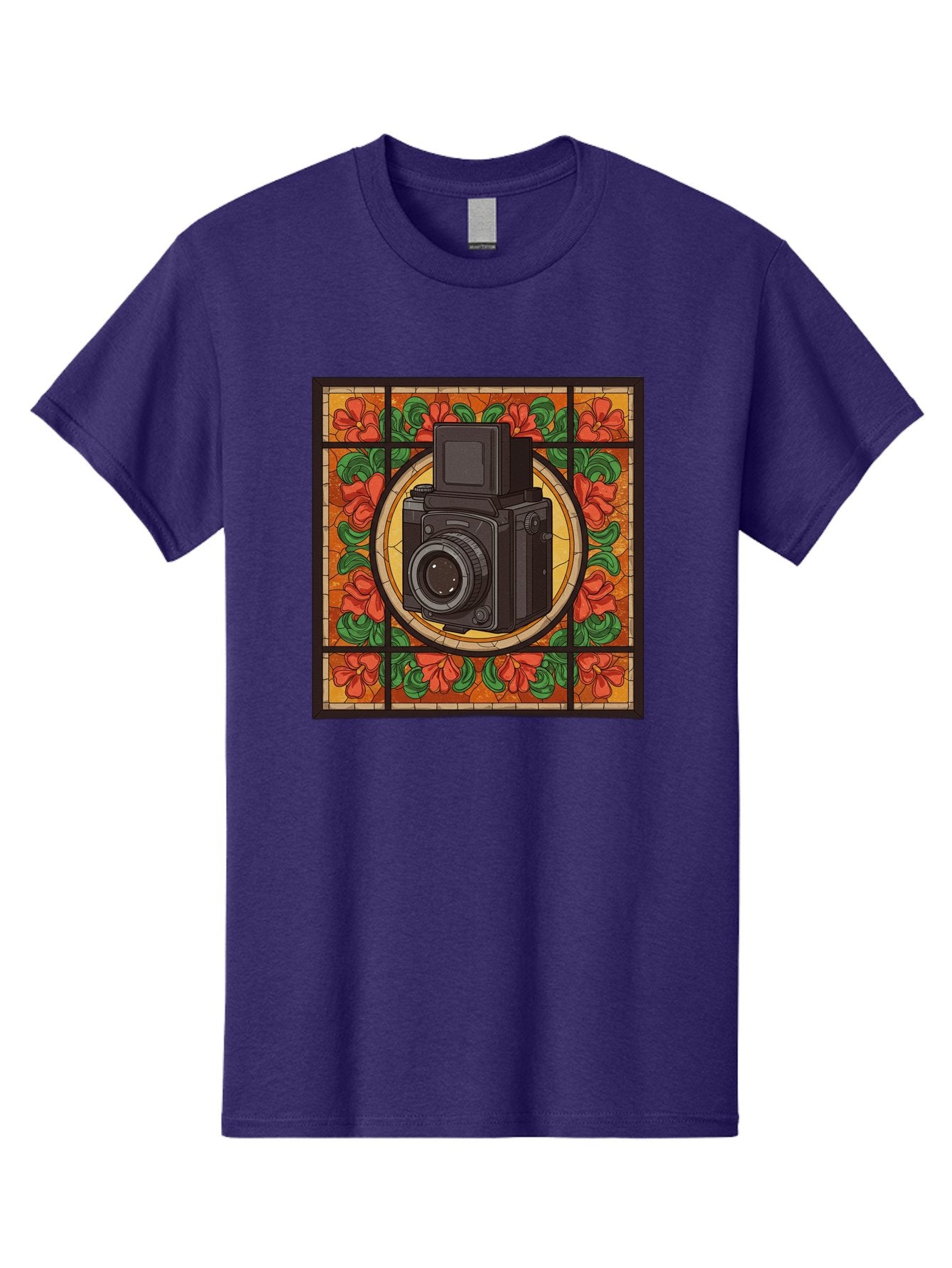 Camera-Stained-Glass Men'S Graphic Tee, 100% Cotton, Comfortable Casual Summer Wear, Machine Washable, Stained Glass Art, Vintage Camera, Floral Pattern, Red Flowers, Green Leaves, Yellow Background, Classic Design, Photography Theme, Bae373 12