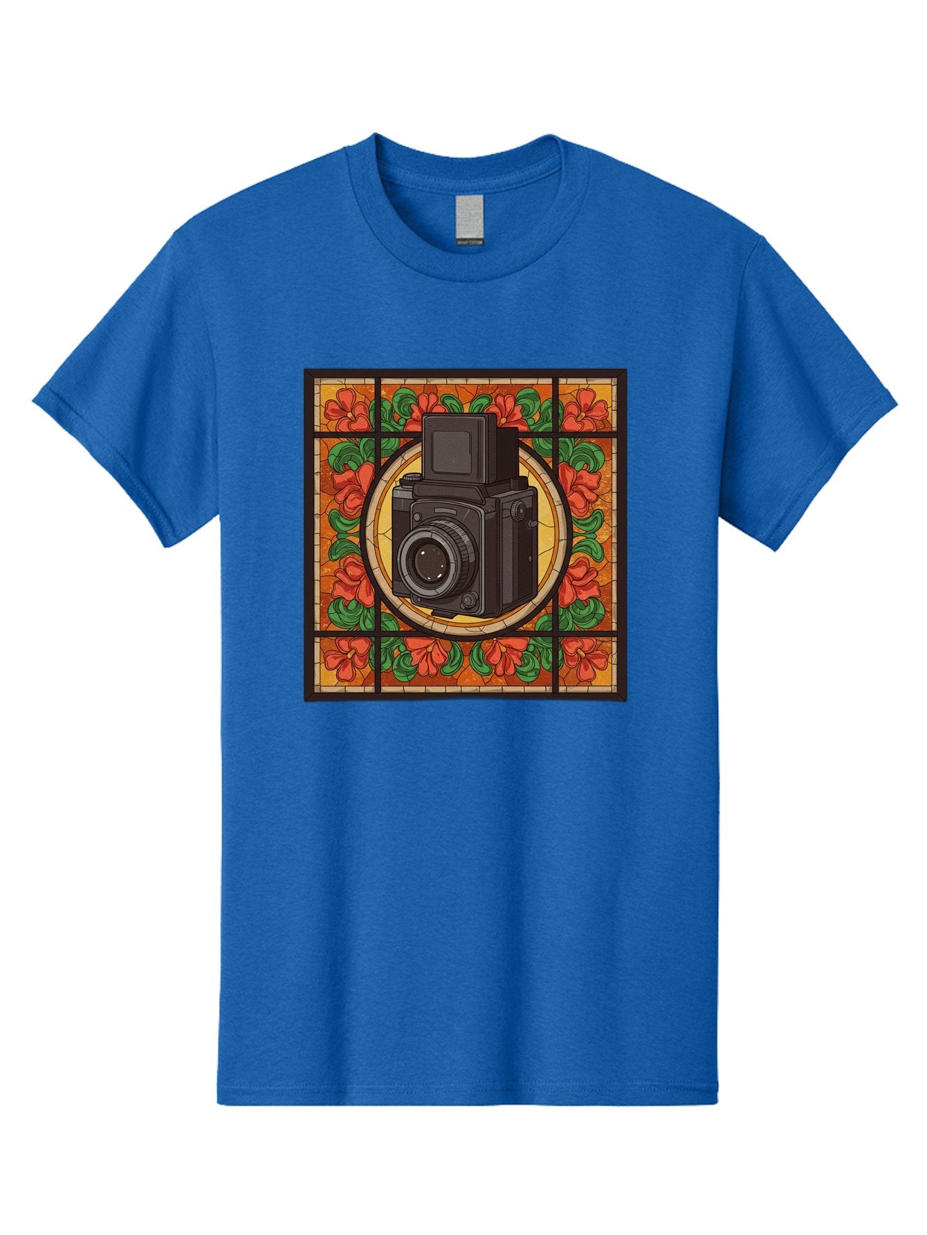 Camera-Stained-Glass Men'S Graphic Tee, 100% Cotton, Comfortable Casual Summer Wear, Machine Washable, Stained Glass Art, Vintage Camera, Floral Pattern, Red Flowers, Green Leaves, Yellow Background, Classic Design, Photography Theme, Bae373 3