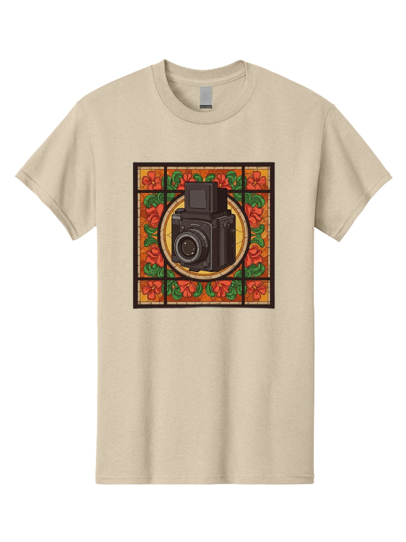 Camera-Stained-Glass Men'S Graphic Tee, 100% Cotton, Comfortable Casual Summer Wear, Machine Washable, Stained Glass Art, Vintage Camera, Floral Pattern, Red Flowers, Green Leaves, Yellow Background, Classic Design, Photography Theme, Bae373 5