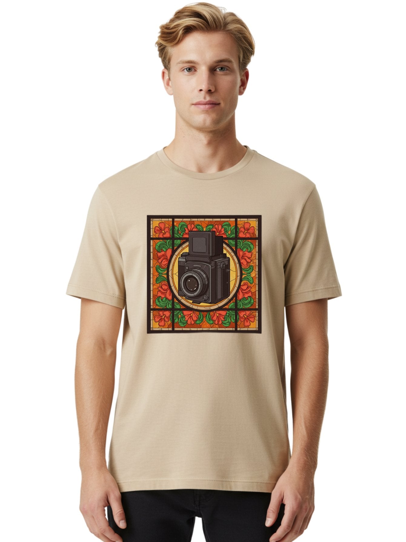 Camera-Stained-Glass Men'S Graphic Tee, 100% Cotton, Comfortable Casual Summer Wear, Machine Washable, Stained Glass Art, Vintage Camera, Floral Pattern, Red Flowers, Green Leaves, Yellow Background, Classic Design, Photography Theme, Bae373 23