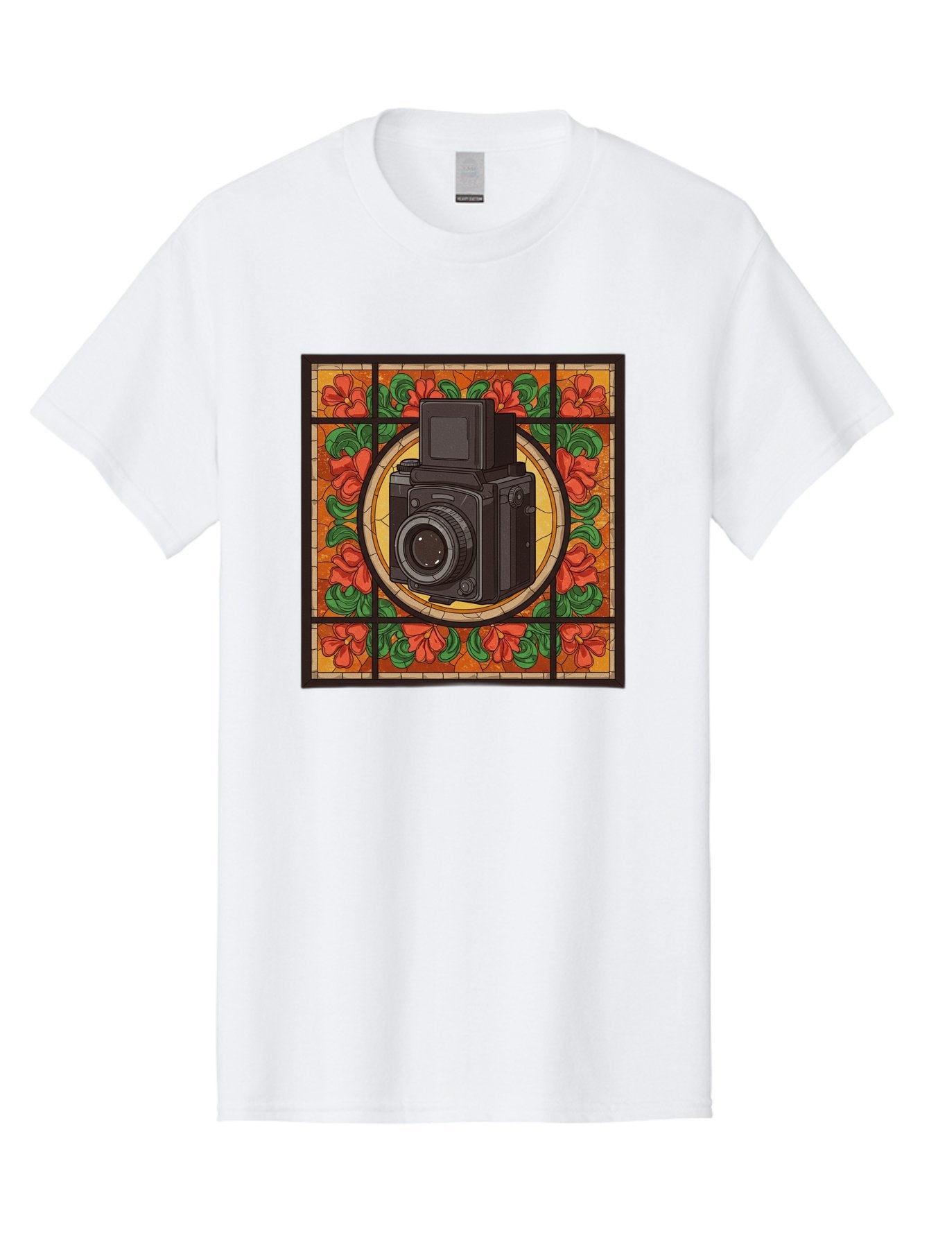 Camera-Stained-Glass Men'S Graphic Tee, 100% Cotton, Comfortable Casual Summer Wear, Machine Washable, Stained Glass Art, Vintage Camera, Floral Pattern, Red Flowers, Green Leaves, Yellow Background, Classic Design, Photography Theme, Bae373 14